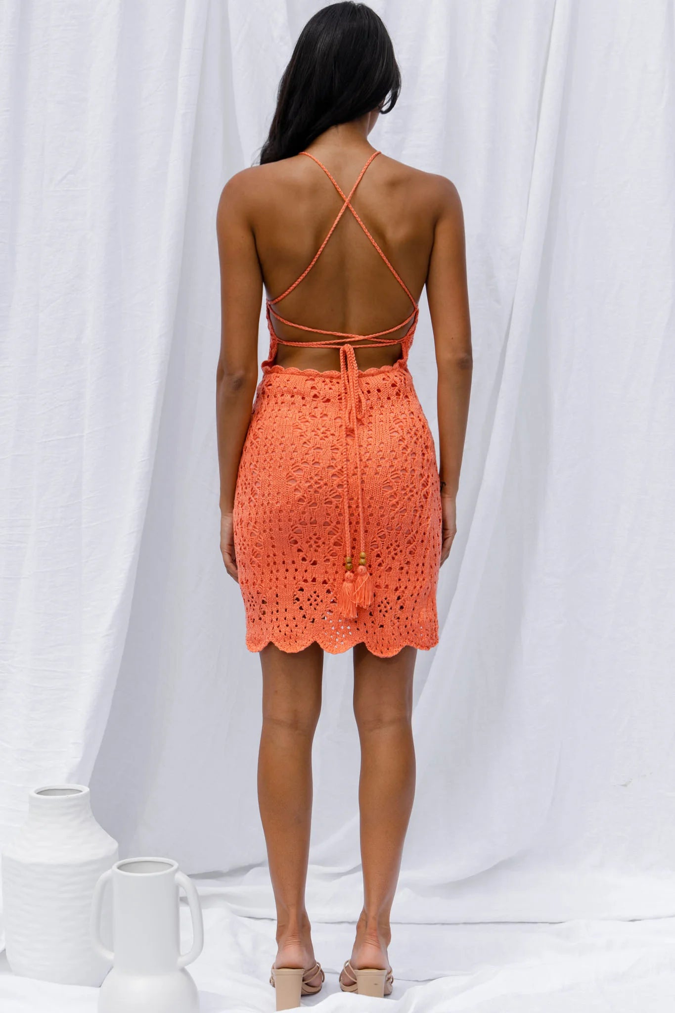 Boracay Halterneck Tie-Up Back Crochet Mini Dress Tangerine