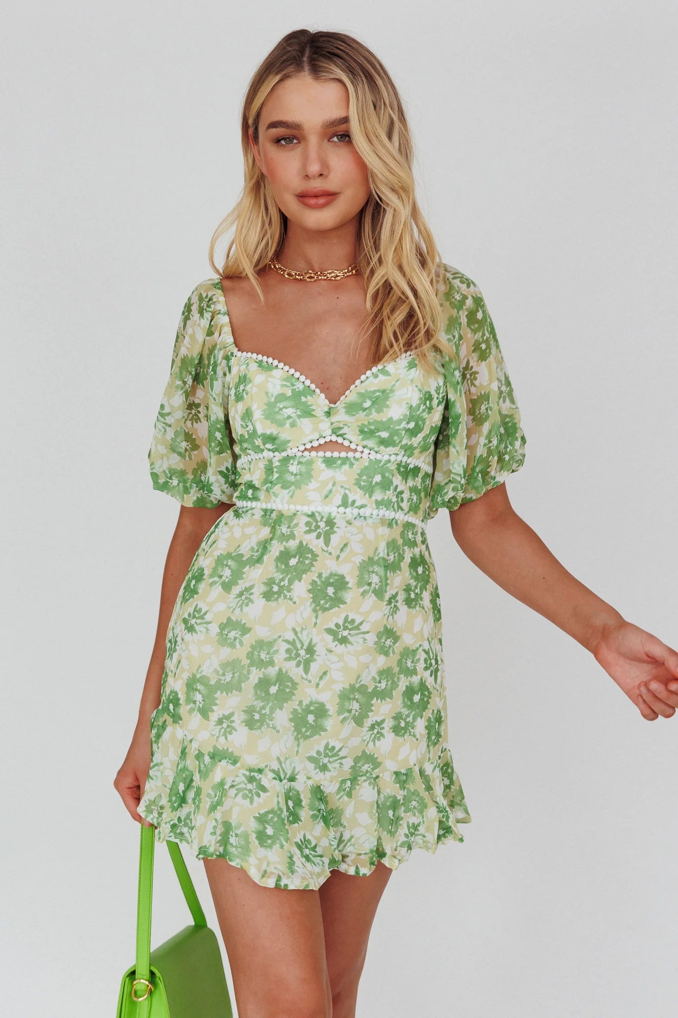 Catch Feelings Sweetheart Neckline Dot Trim Dress Floral Green