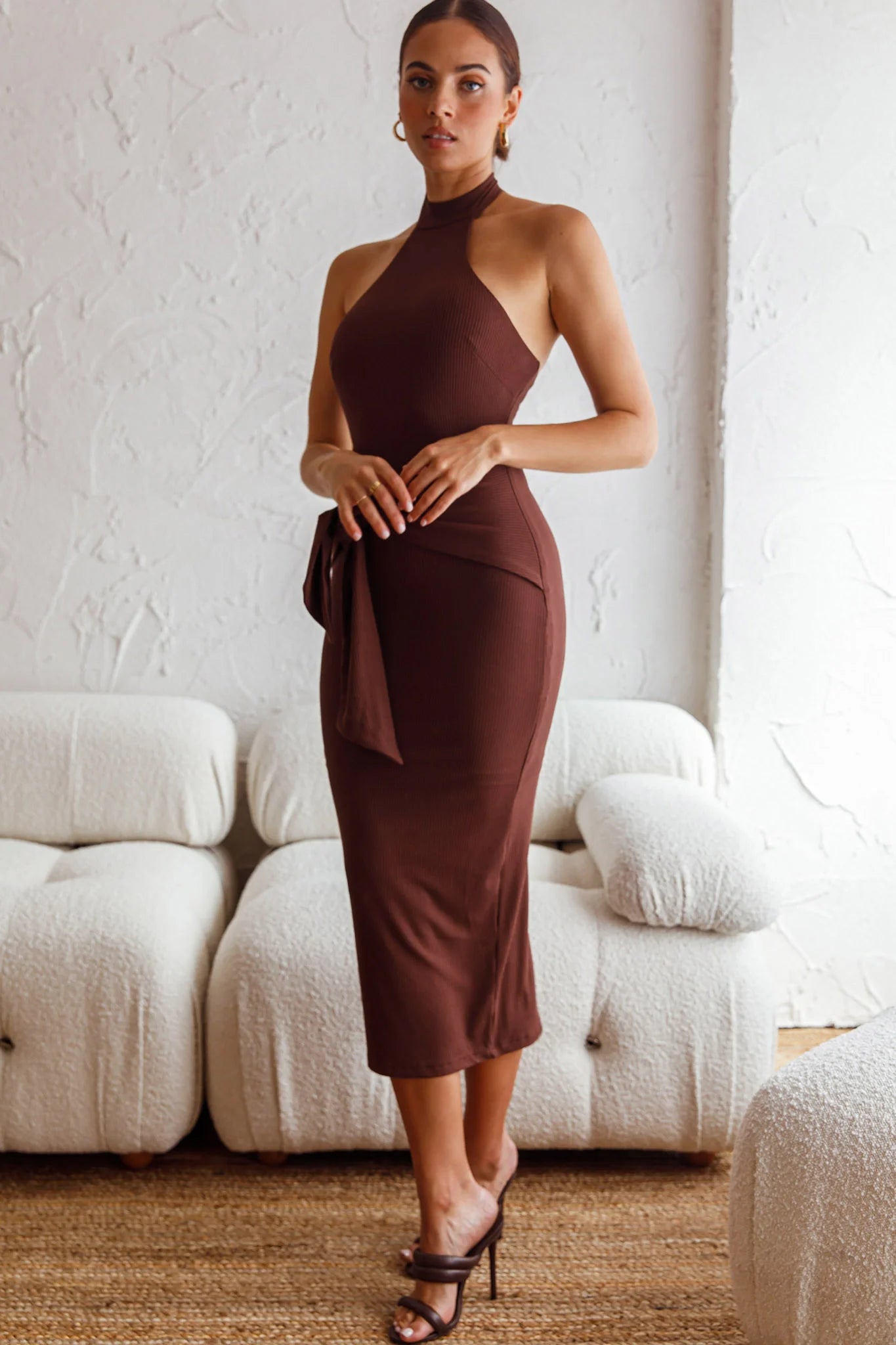 Rapt Waist Tie Halterneck Knit Midi Dress Chocolate