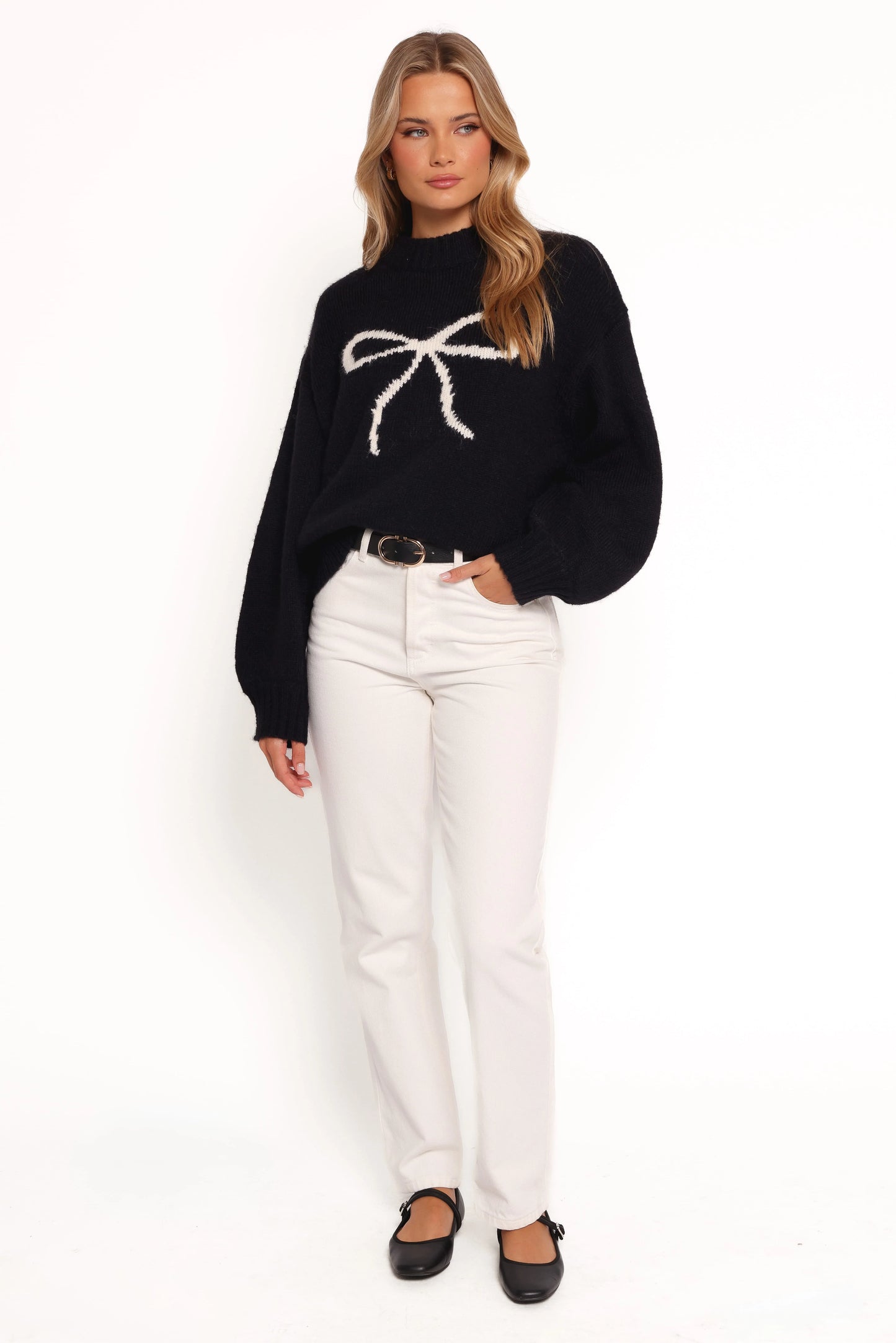 Cecelia Bow Print Mock Neck Knit Sweater - Black