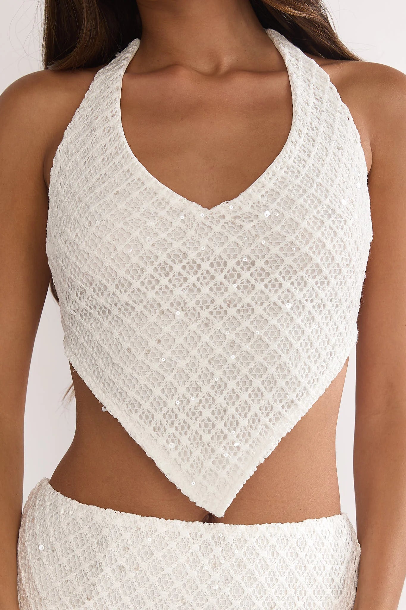 Palaya Crochet Knit Halter Top Sequin Cream
