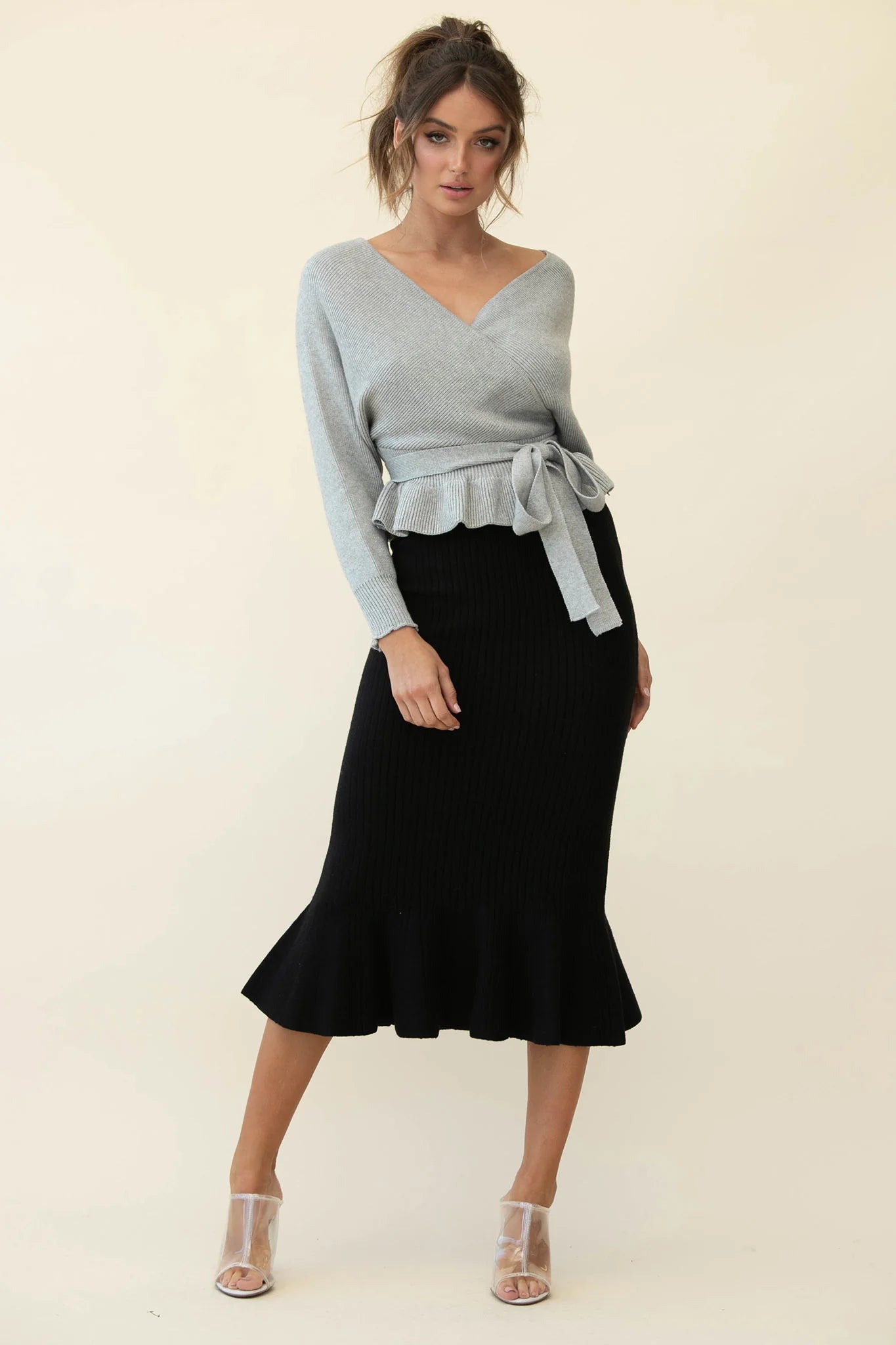 Shalon Ribbed Knit Fluted Hem Midi Skirt Antique Black
