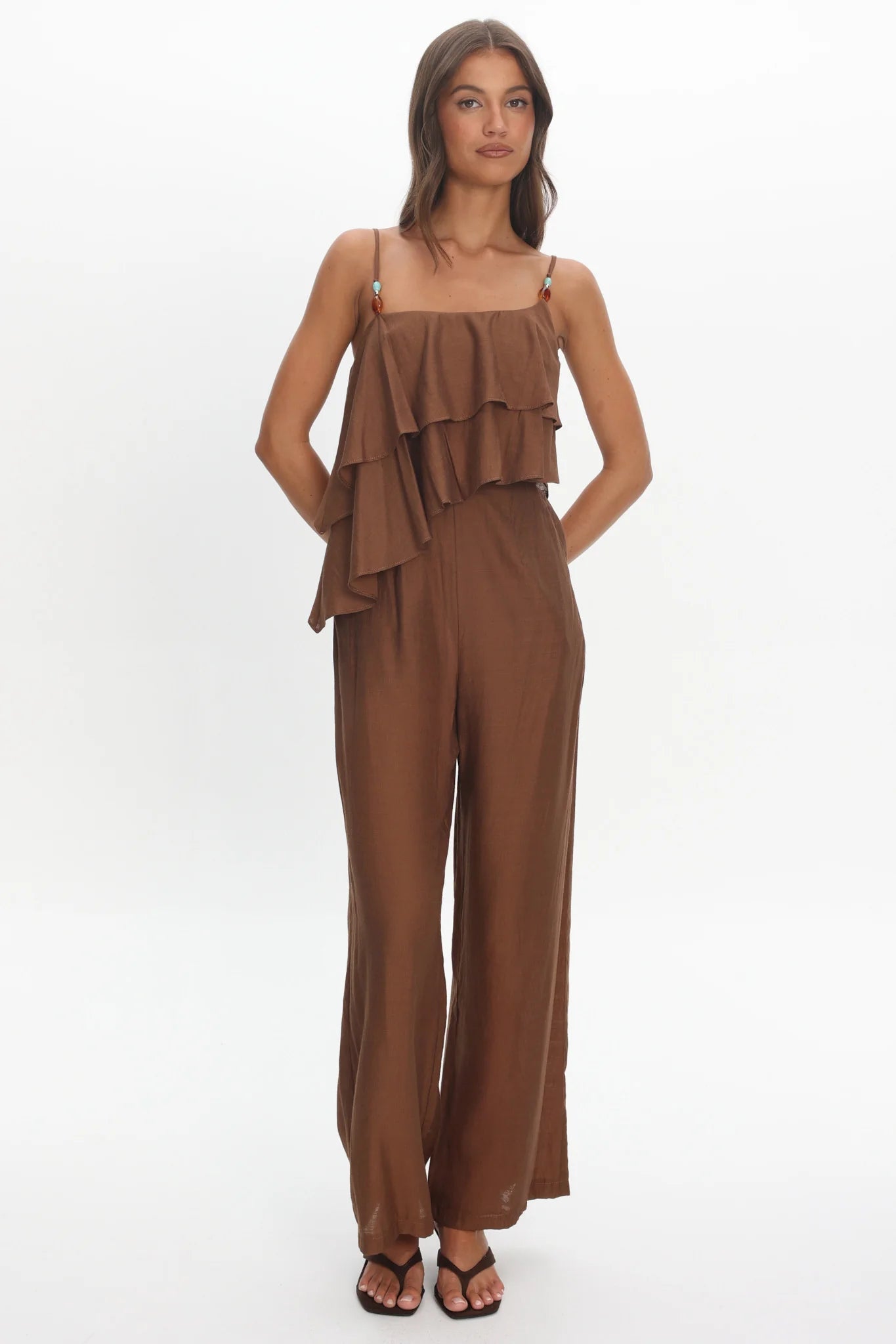 Darylyn Asymmetric Ruffle Jumpsuit Chocolate