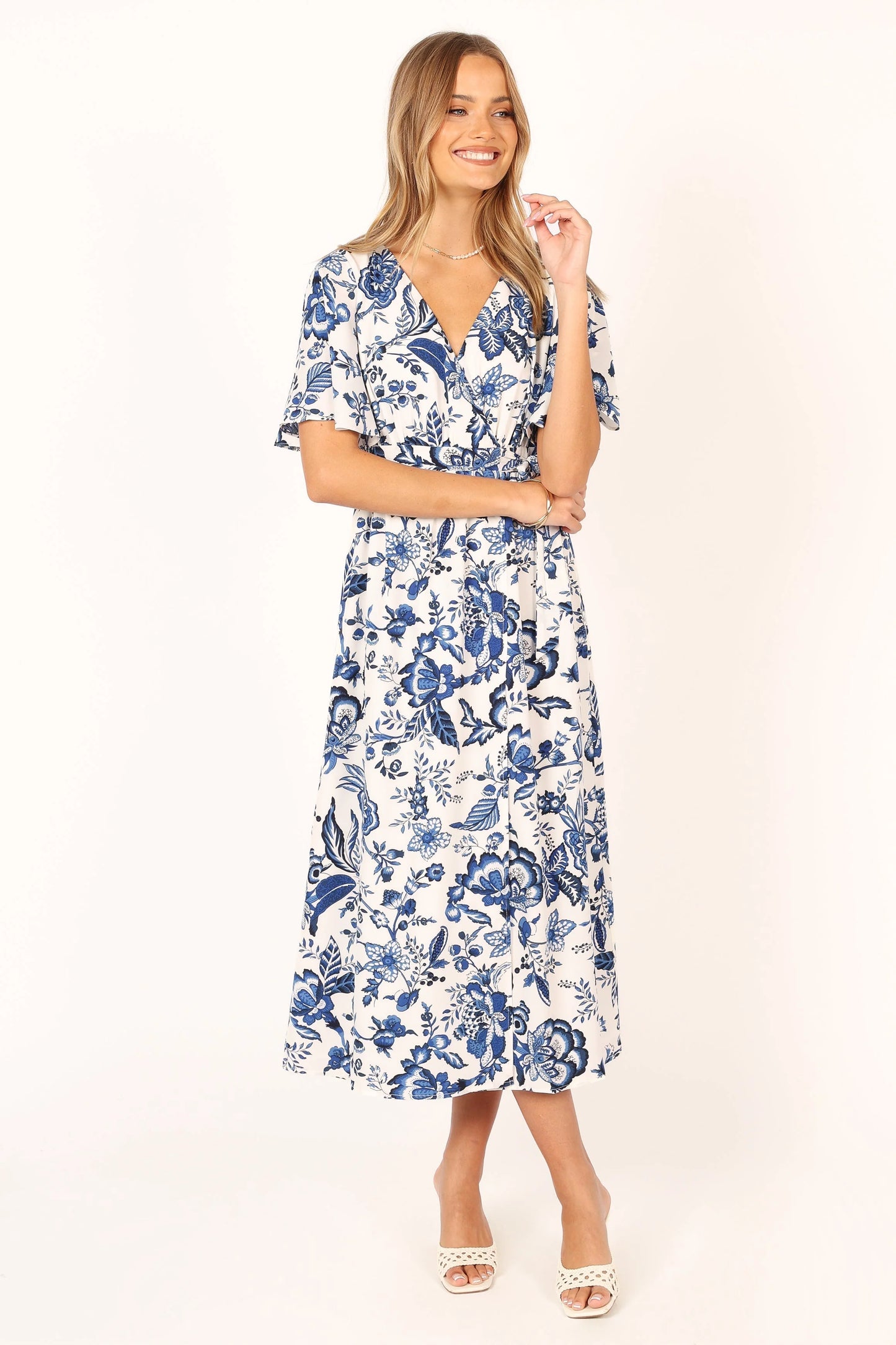 Kaleen Midi Wrap Dress - White Blue