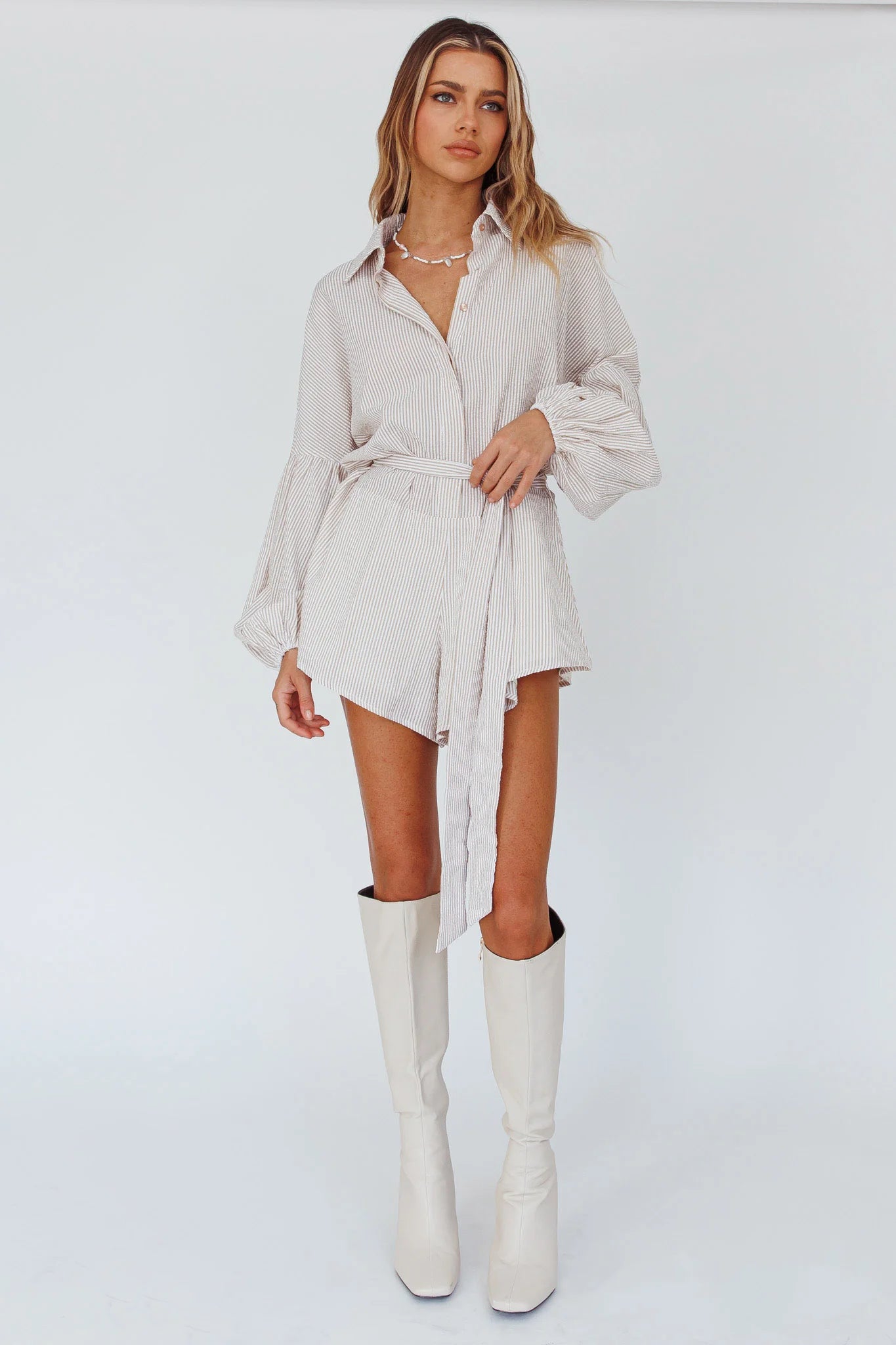 Daytona Beach Long Sleeve Shirt Romper Beige Stripe