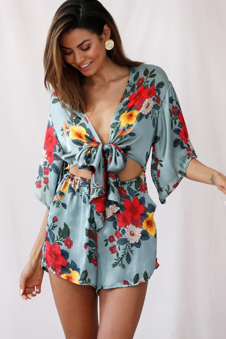 Rivera Tie-Knot Bell Sleeve Romper Sage
