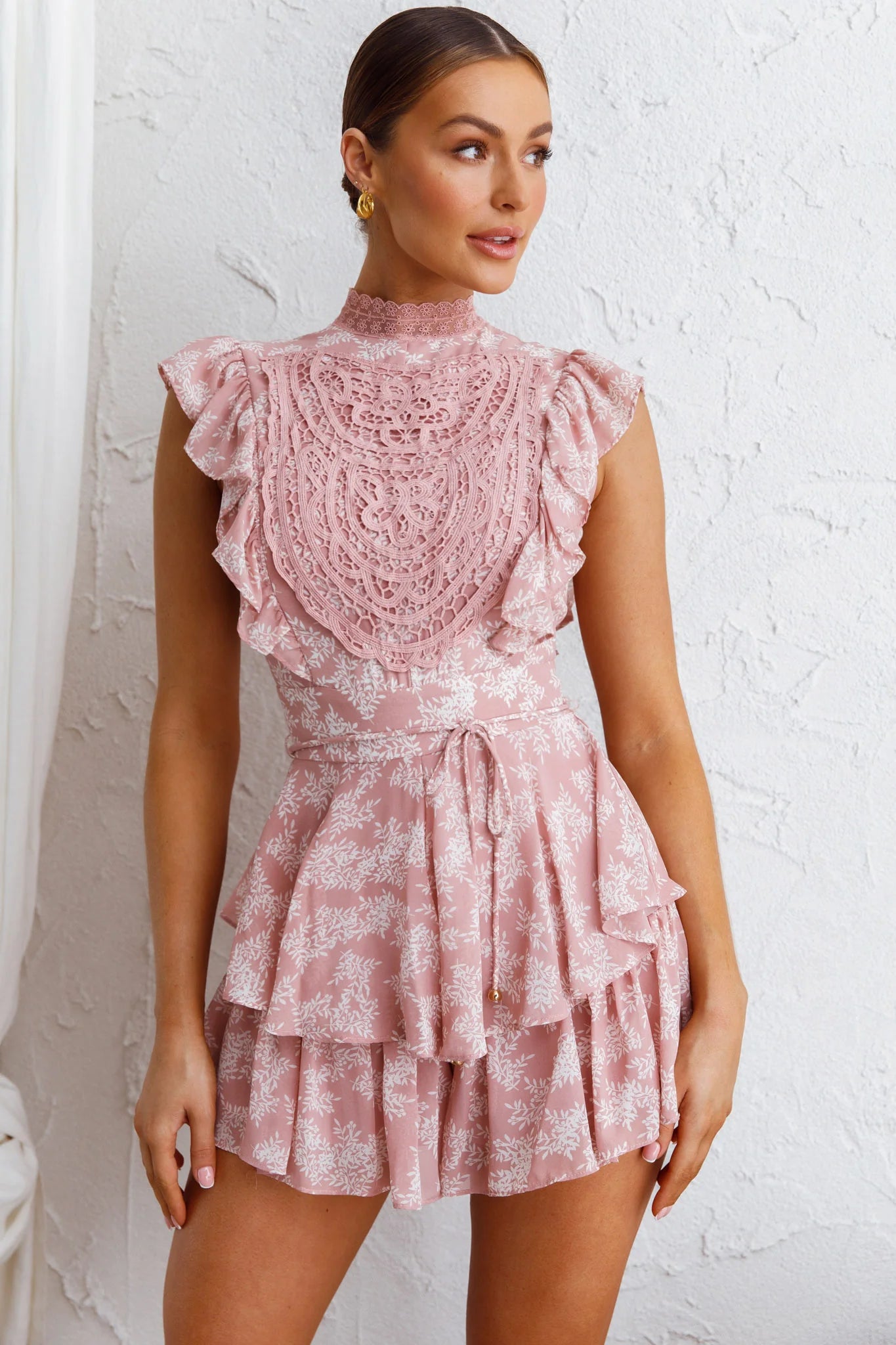 Nellie Lace Bust High Neck Romper Floral Blush