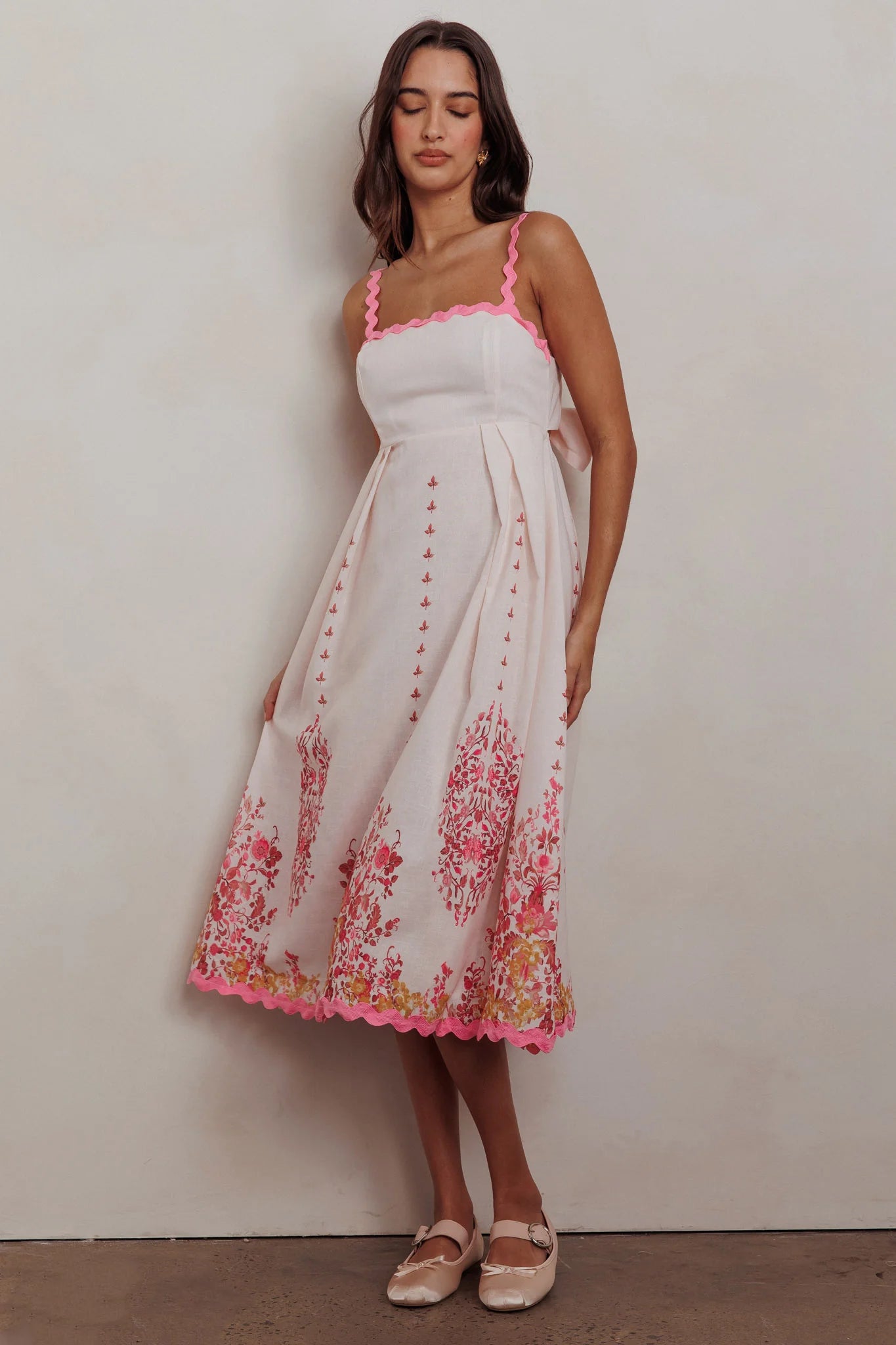 Asami Floral Print Ric Rac Trim Midi Dress Blush