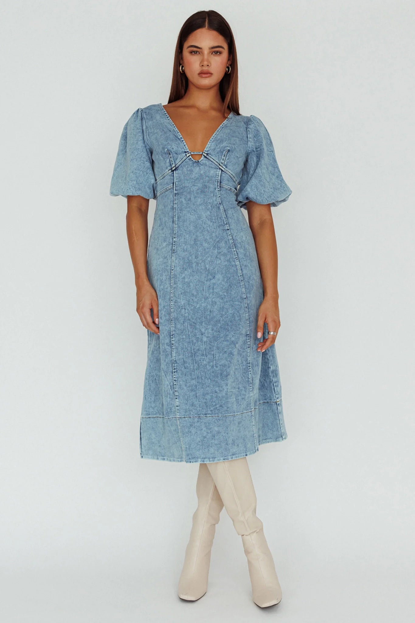 Elias Puff Sleeve Midi Dress Denim