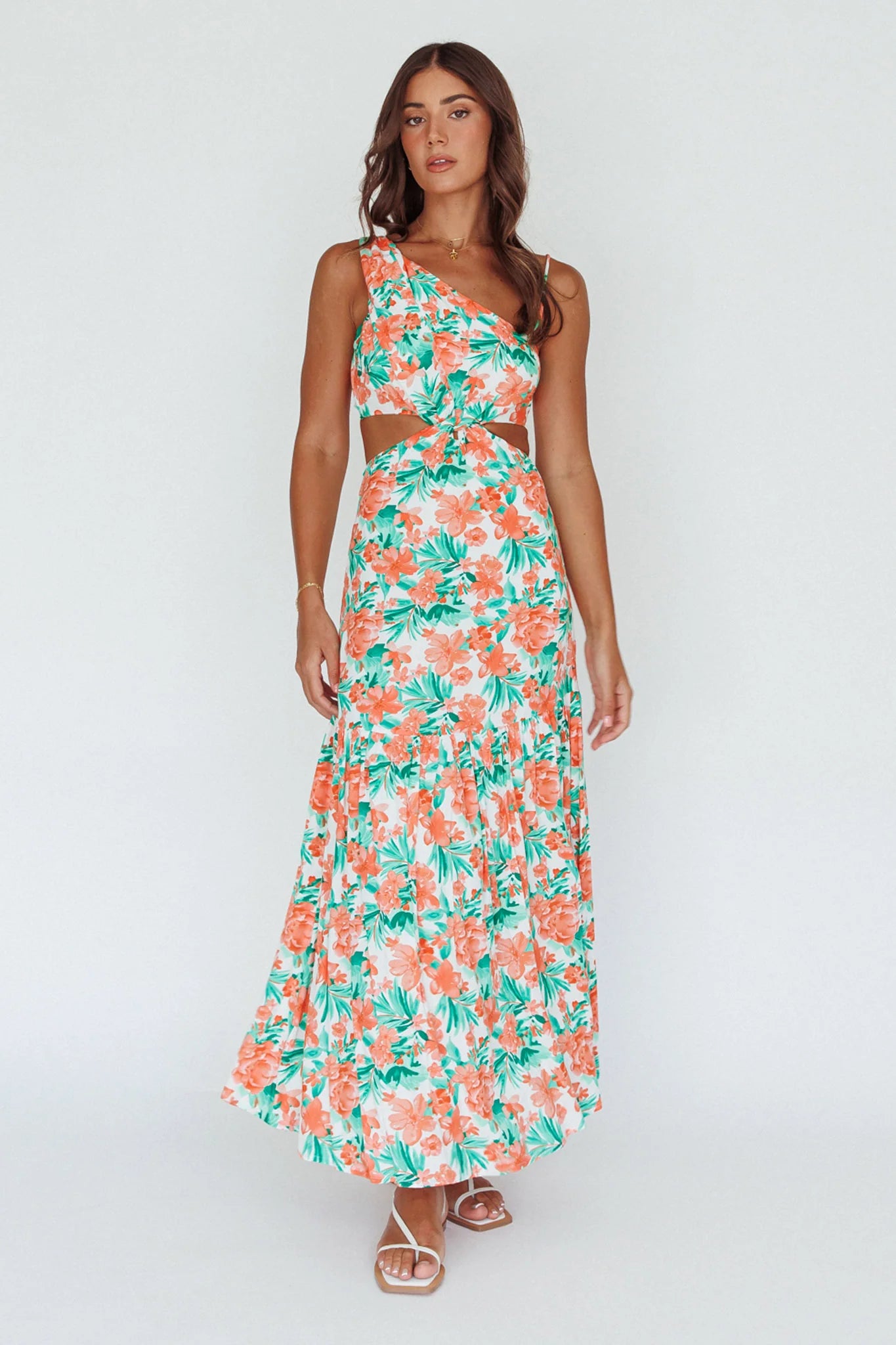 Evening Breeze Cut-Out Waist Maxi Dress Floral Orange