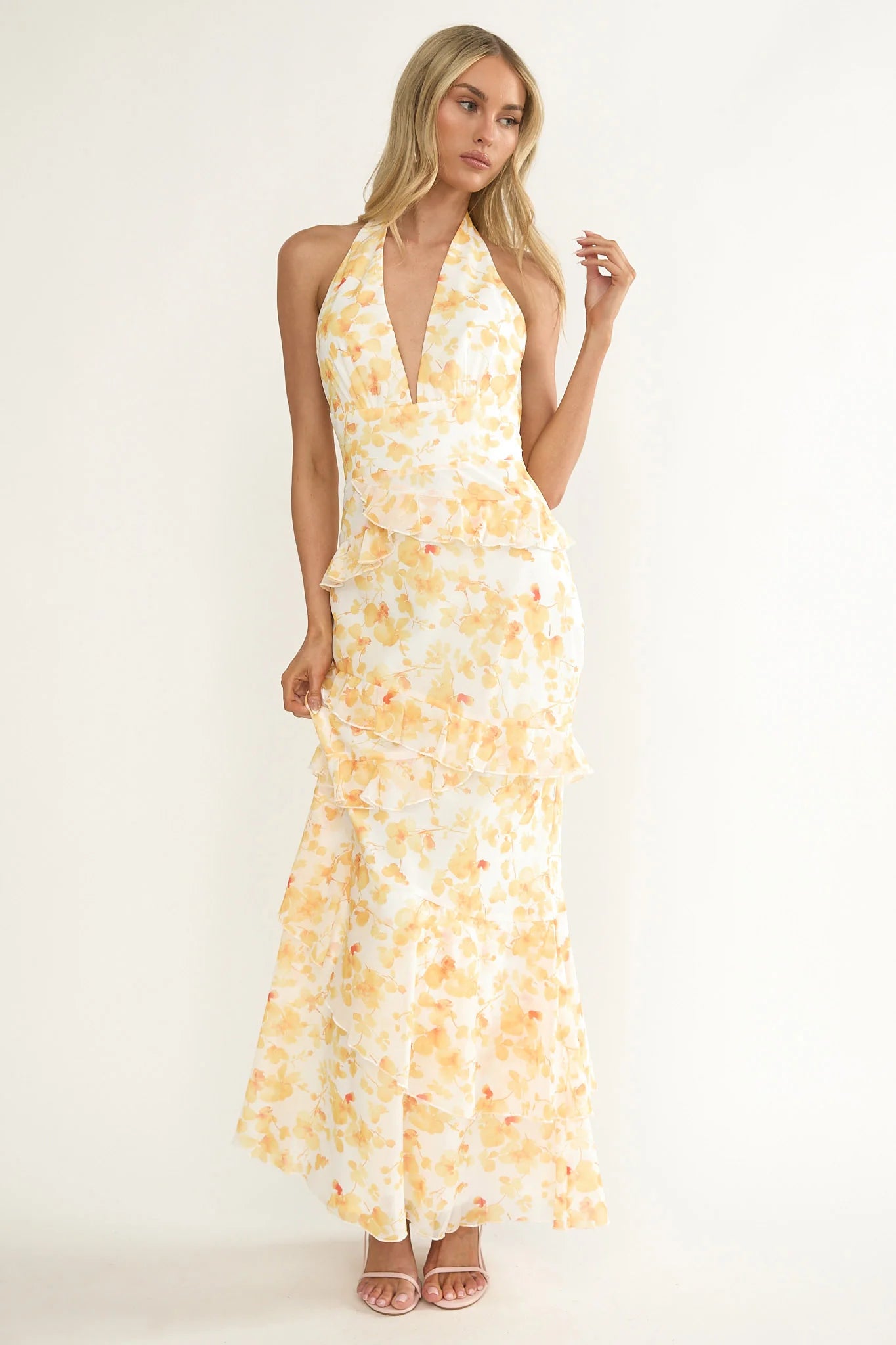 Cipriana Frill Trim Halter Maxi Dress Floral Yellow