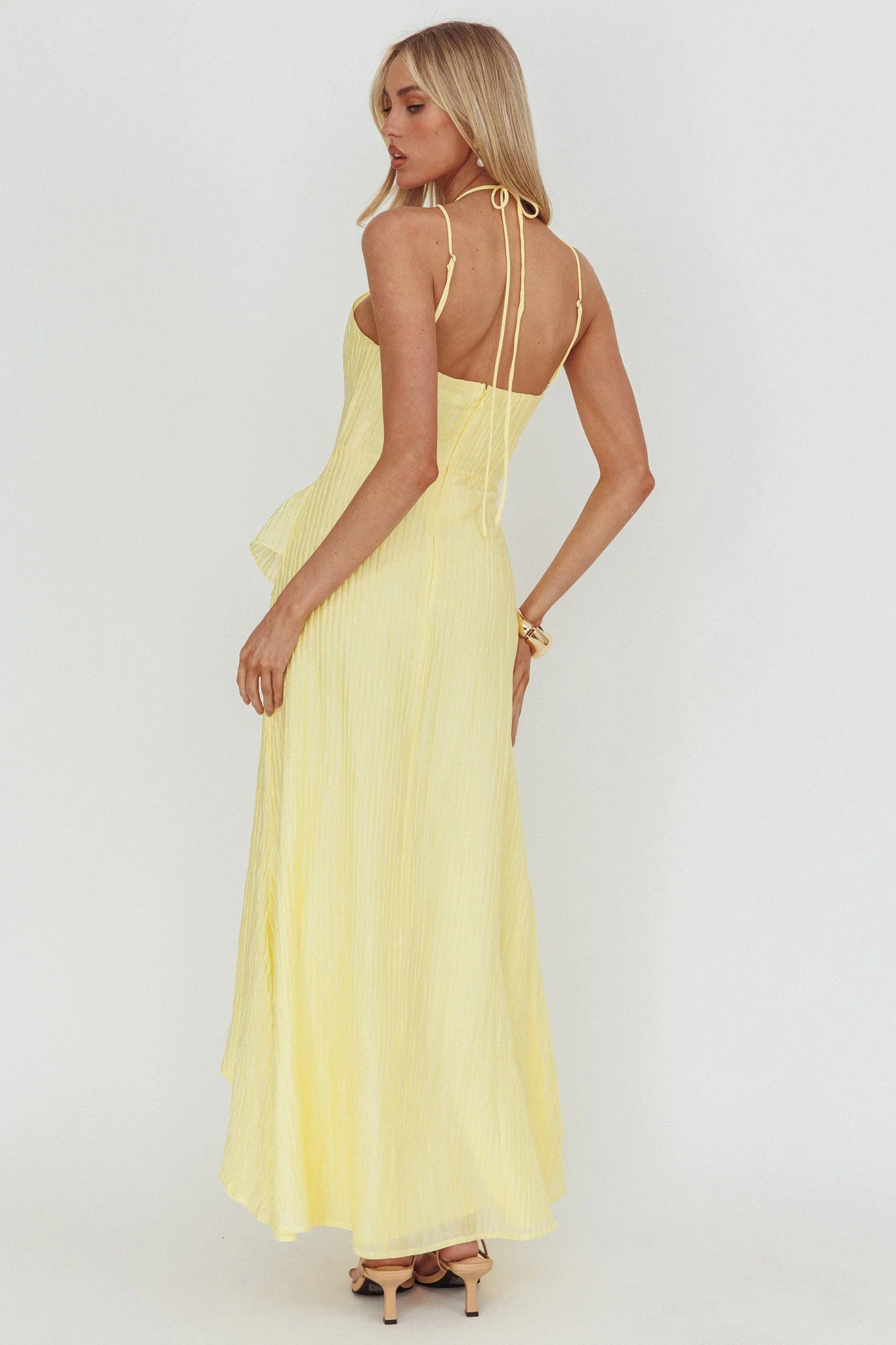 Nerisse Textured Frill Halter Maxi Dress Lemon