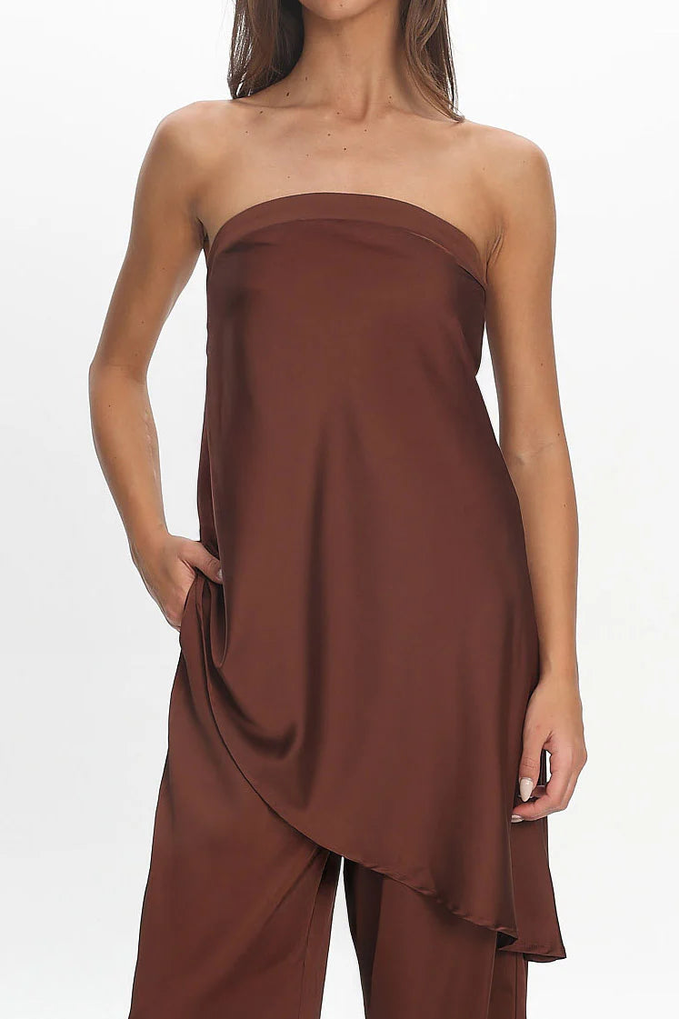 Danita Asymmetric Hem Strapless Top Chocolate