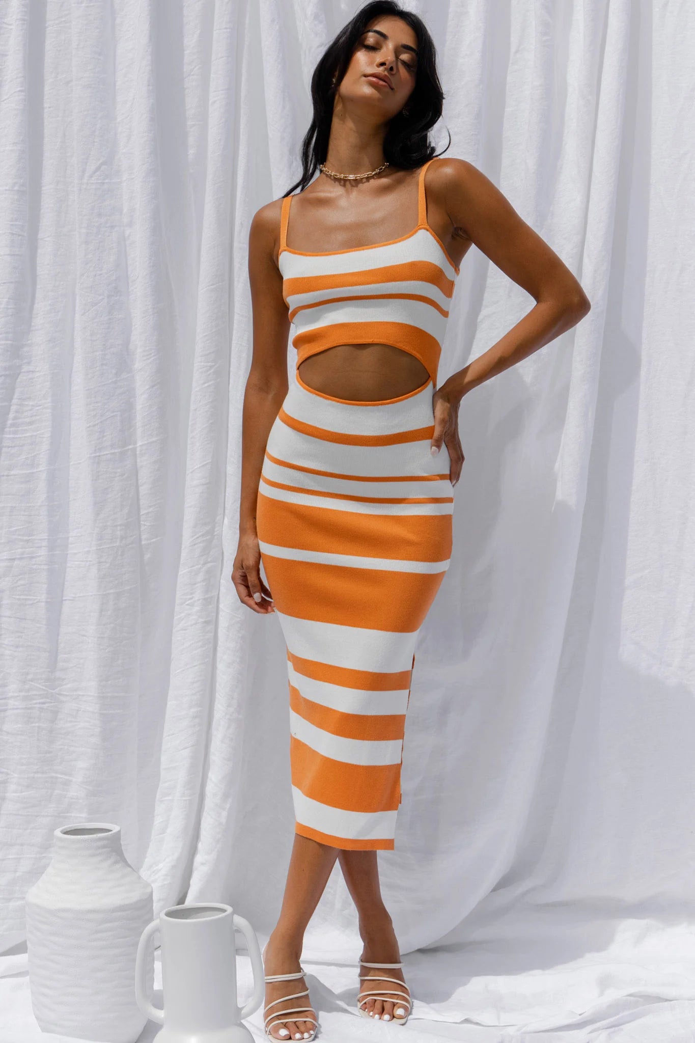 Dayana Cut-Out Waist Side Split Knit Midi Dress Striped Orange