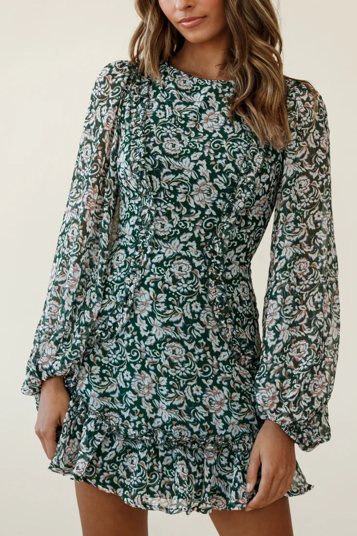 Mirabelle Long Balloon Sleeve Ruffle Hem Dress Floral Print Olive