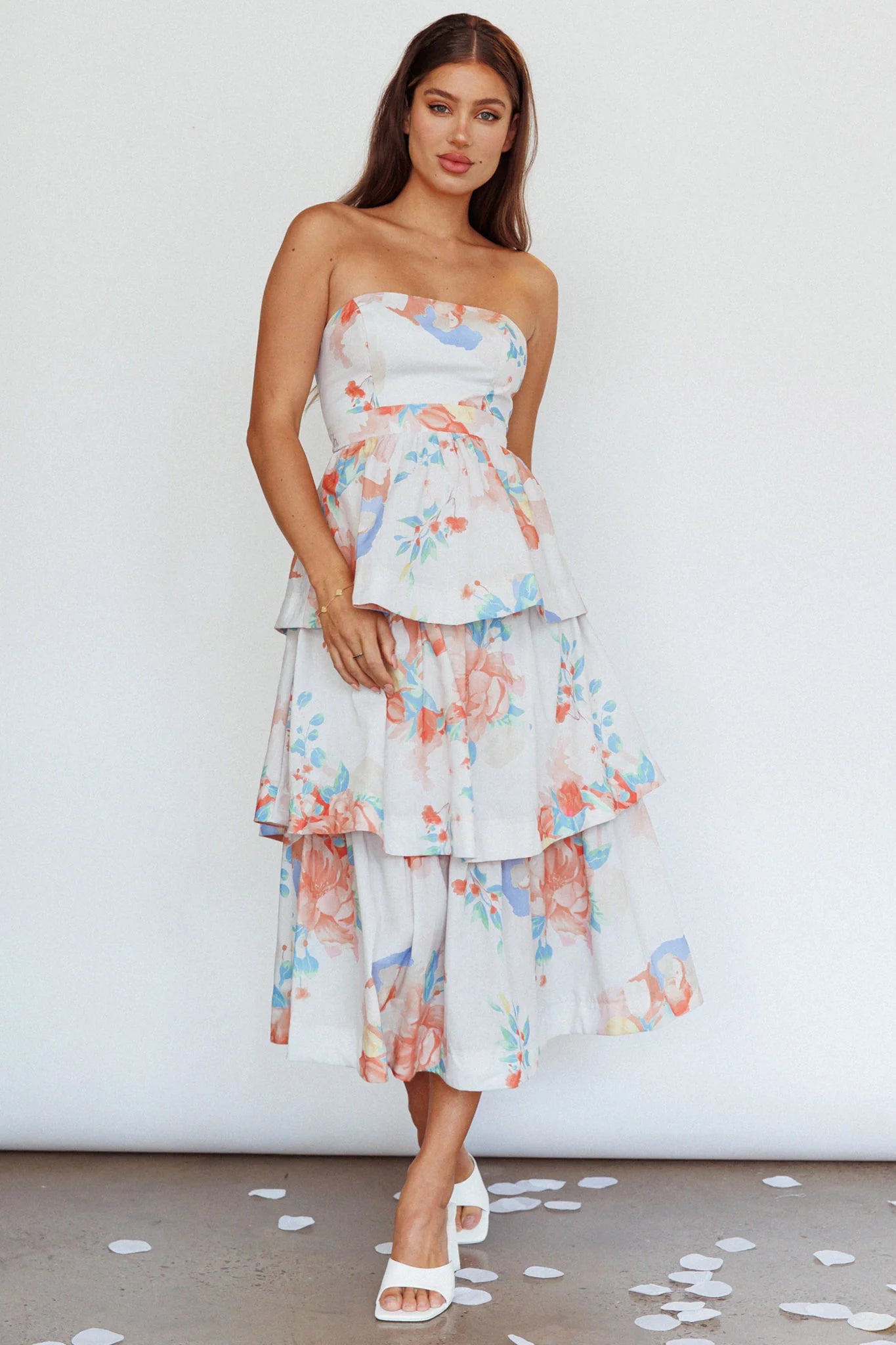 Outshine Strapless Tiered Midi Dress Floral Peach