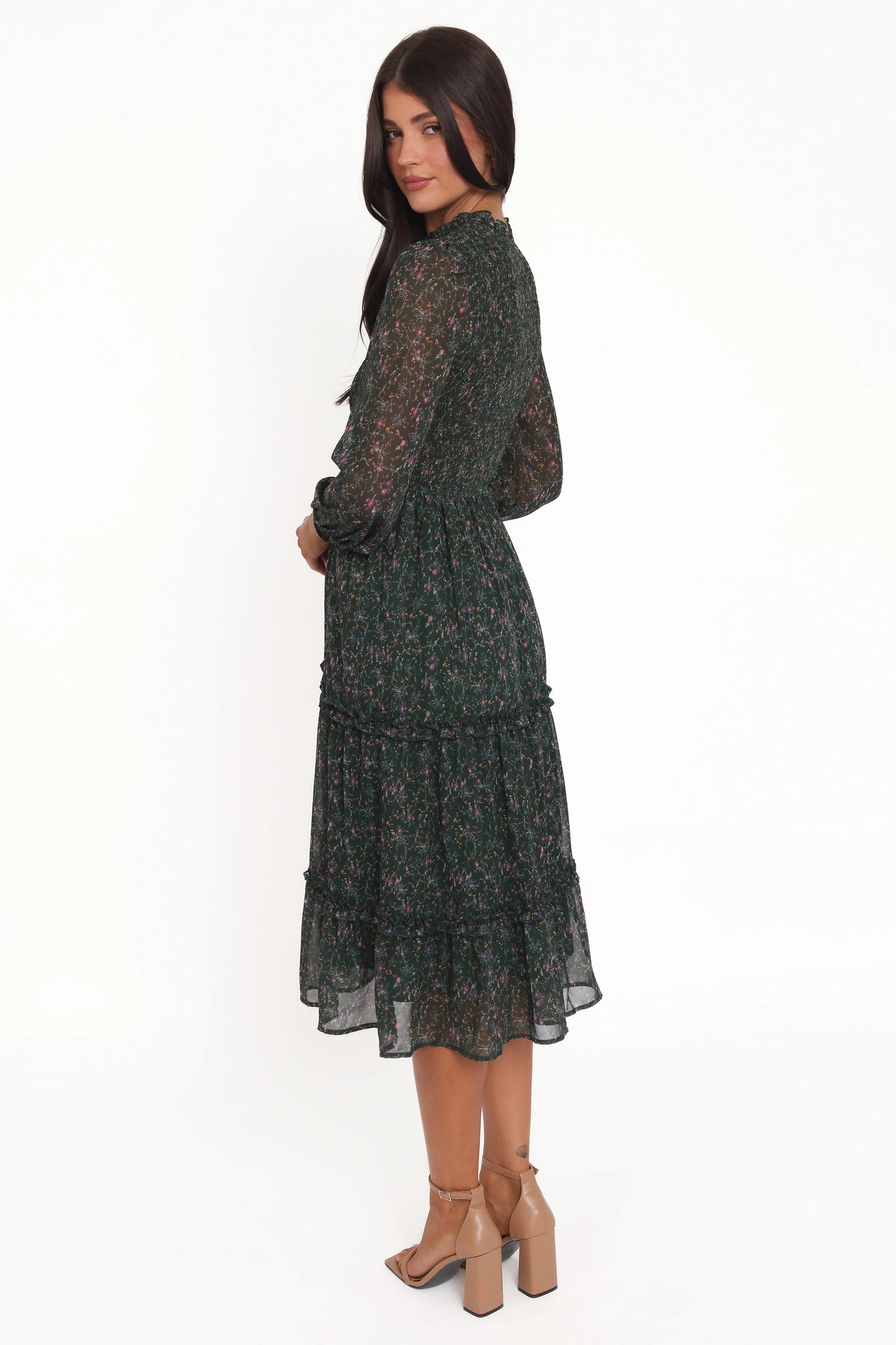 Edwina Shirred Frill Long Sleeve Midi Dress - Olive Floral
