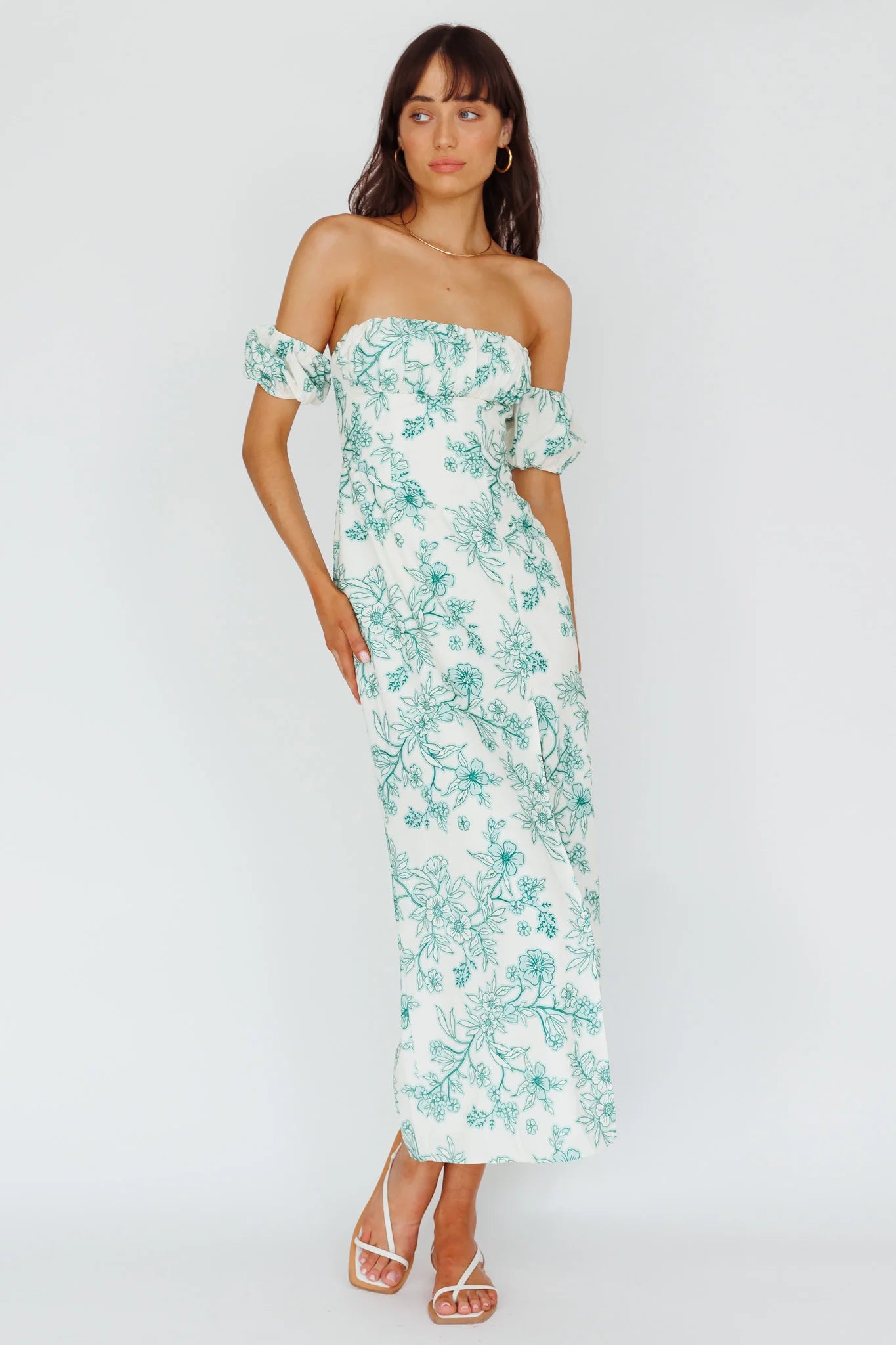 Olivier Off-Shoulder Midi Dress Floral Green