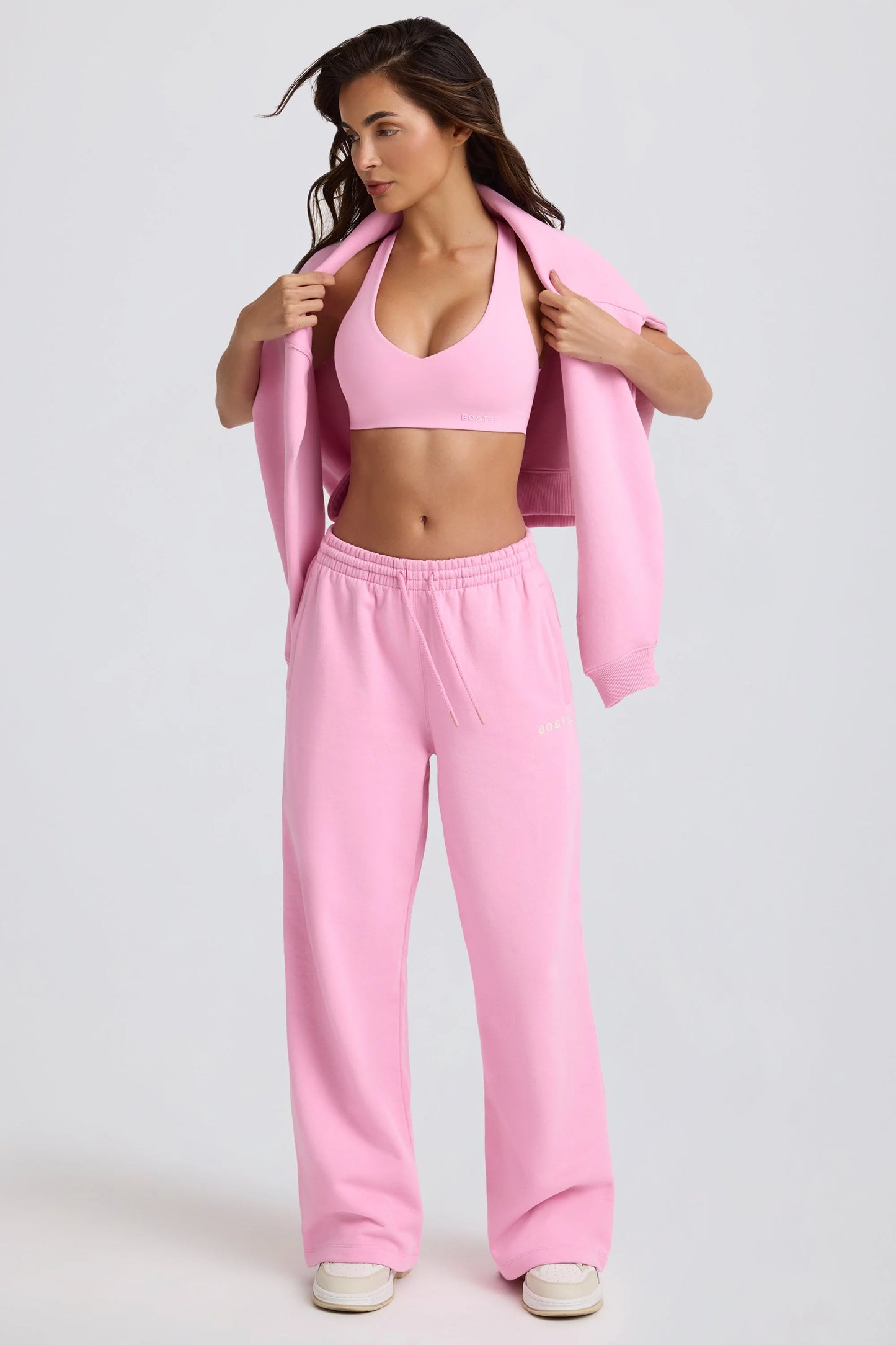 Soft Cotton Jersey Mid-Rise Wide-Leg Joggers in Baby Pink