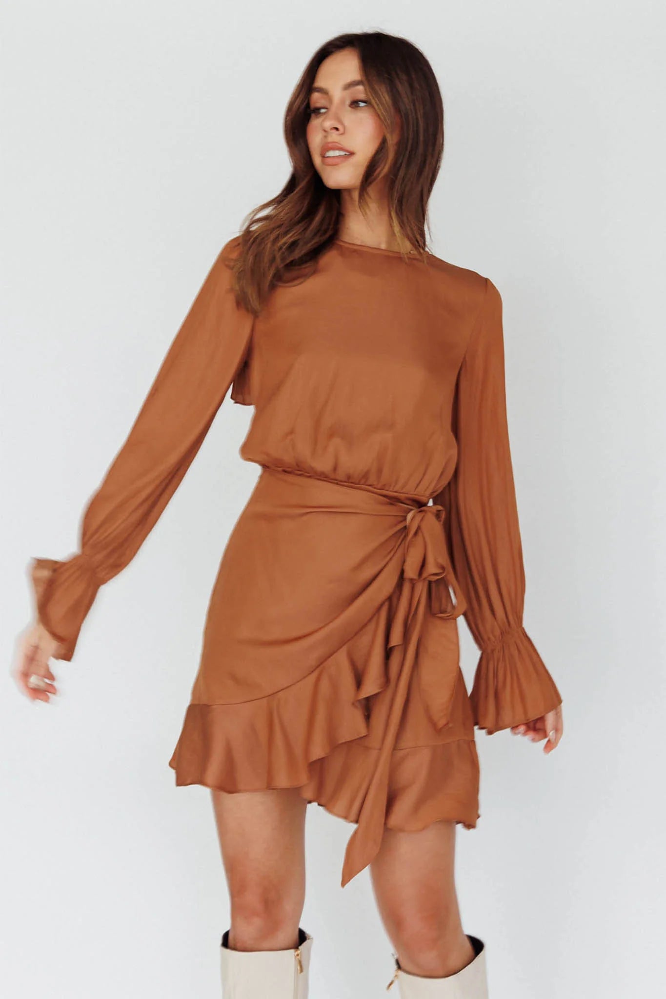 Darla Long Sleeve Satin Dress Tan
