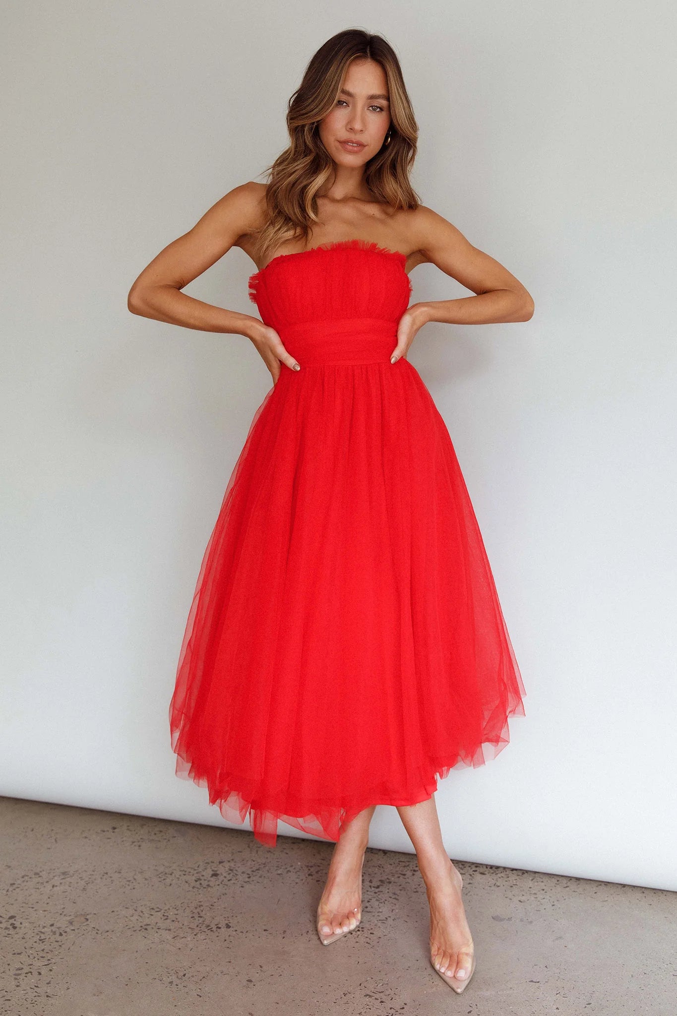 fayette strapless mesh midi dress Fayette Strapless Mesh Midi Dress Red – Langwyqu