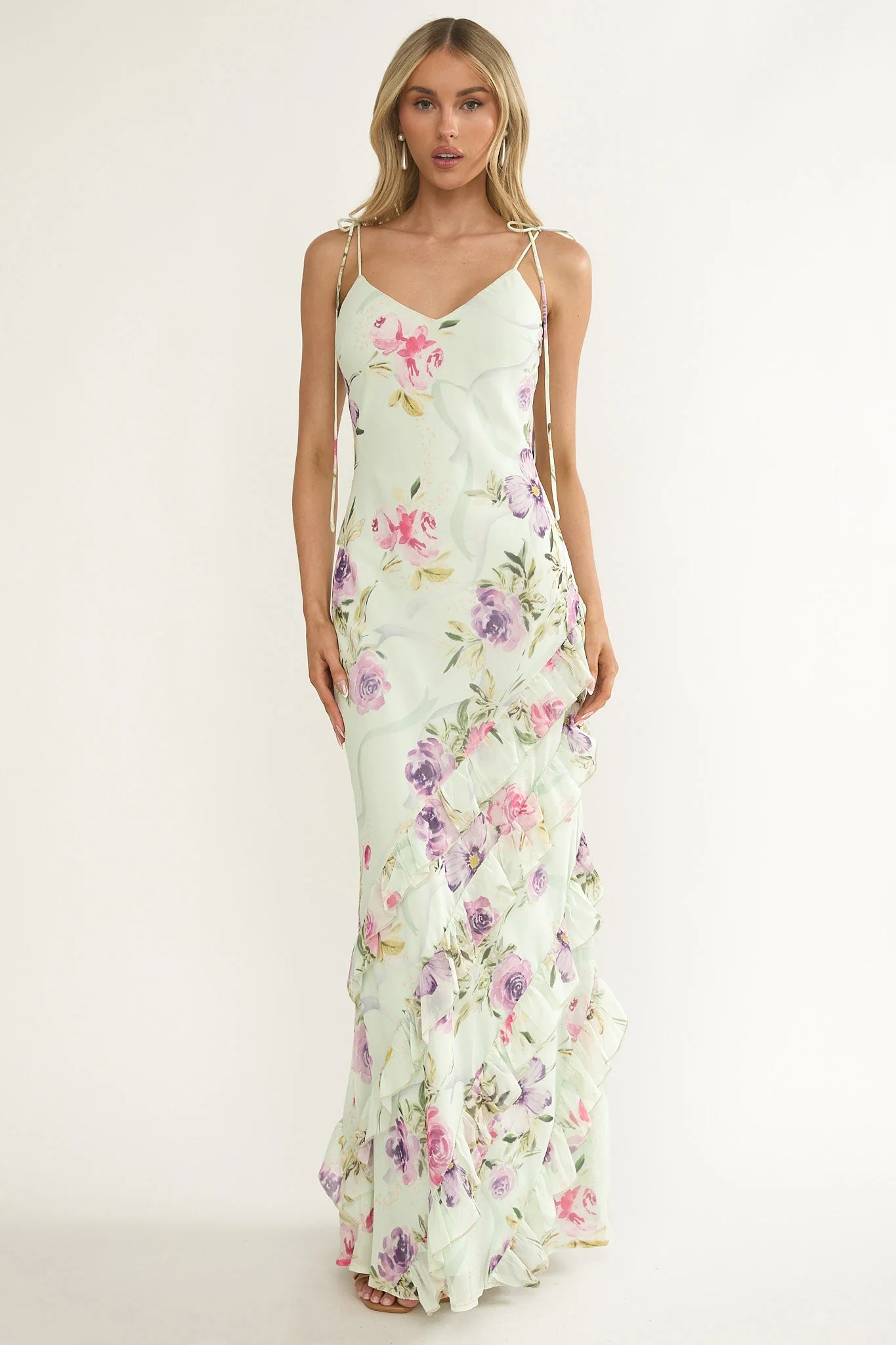 Dreamy Day Ruffle Trim Maxi Dress Mint Floral