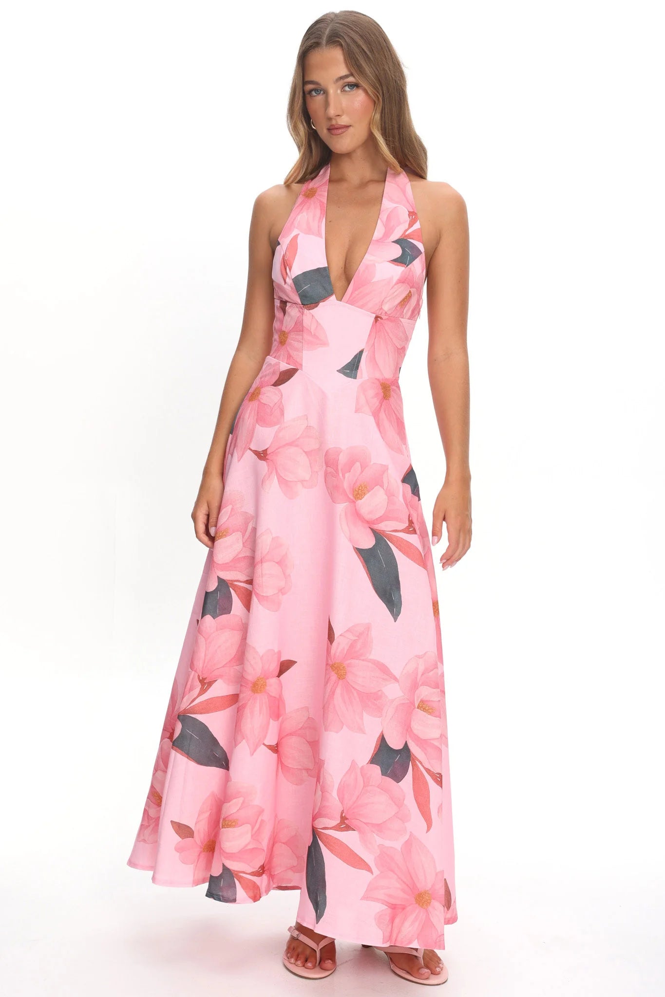 Riga Halterneck Maxi Dress Floral Pink