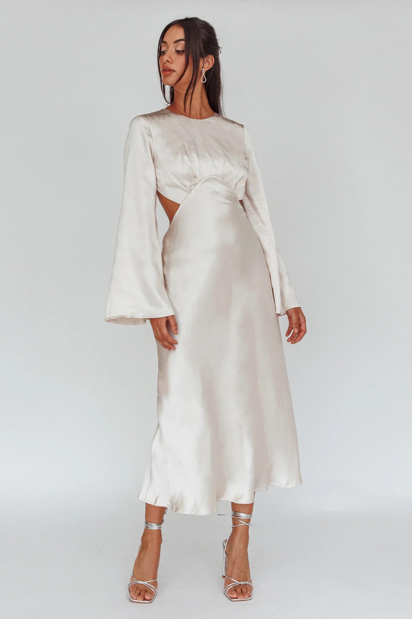 Doting Bell Sleeve Cut-Out Midi Dress Champagne