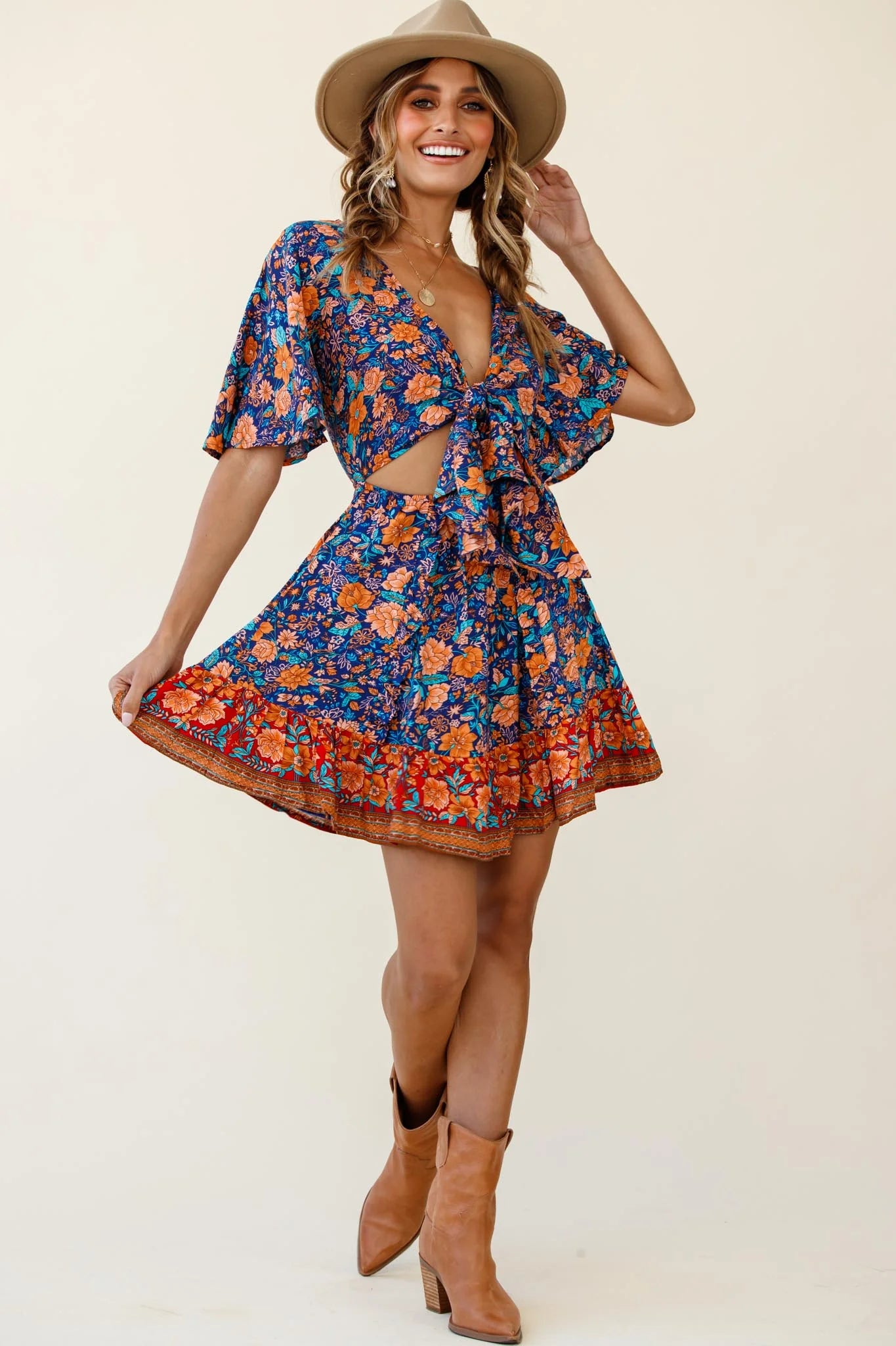 Suva Tie-Knot Bust A-Line Dress Floral Print Navy