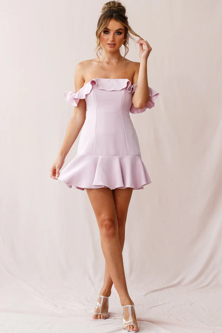 Ondine Bardot Neckline Fluted Hem Dress Mauve
