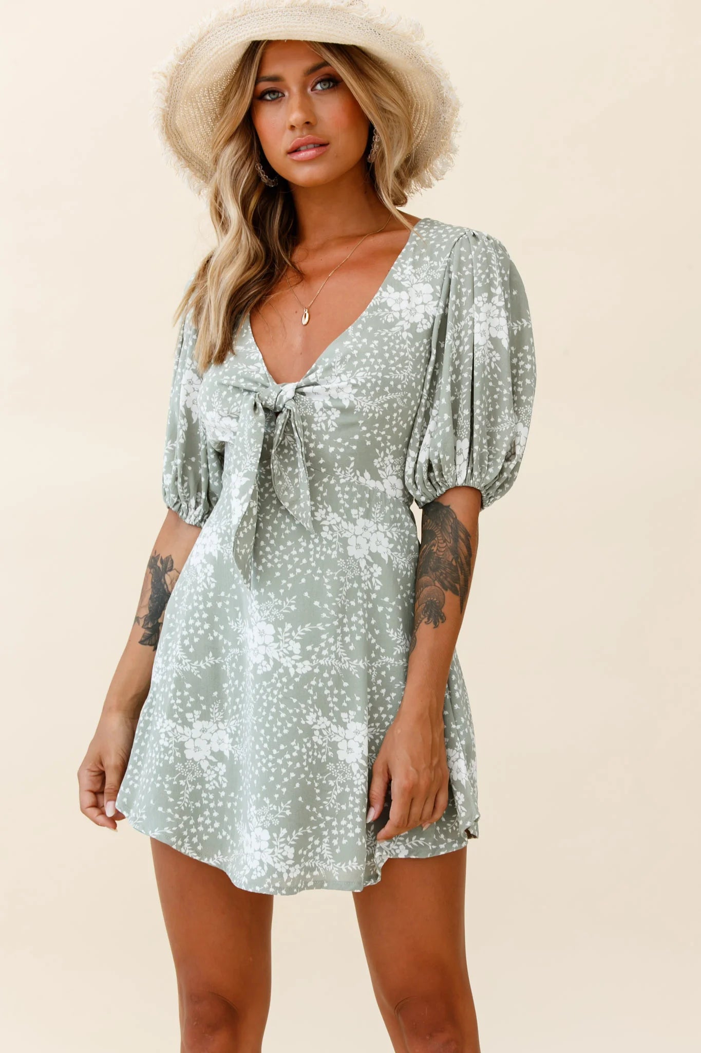 Portia Tied Bust Puff Sleeve Dress Flower Pattern Sage