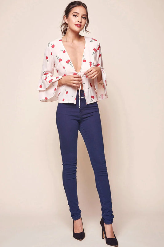 Robbi Bell Sleeved Cherry Top Beige