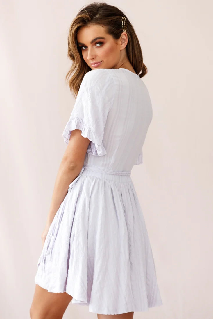 Cara Frill Trim Wrap Dress Stripe Print Lavender