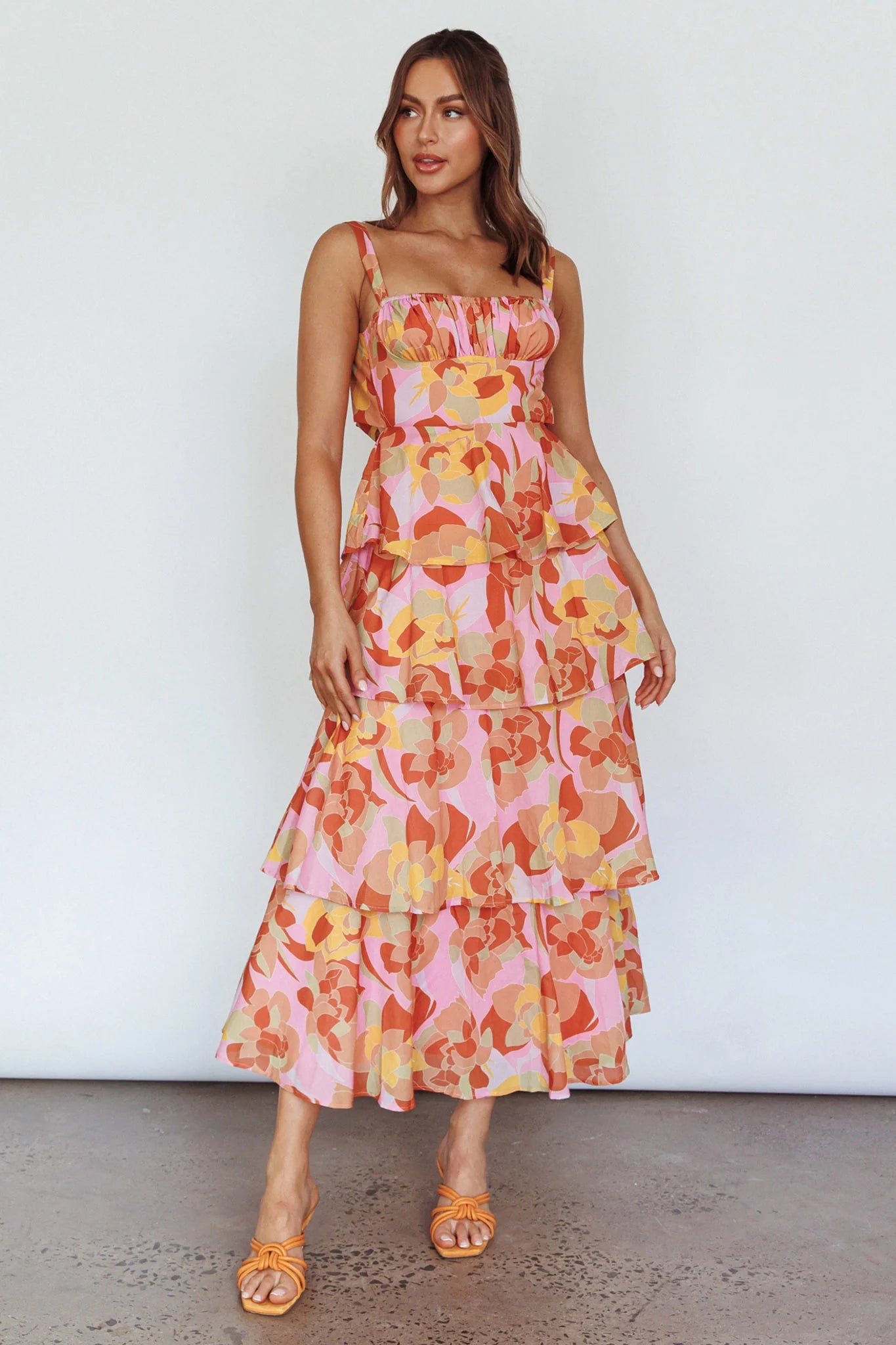 provence bloom tiered midi dress strapless open back dress Provence Bloom Tiered Midi Dress Floral Pink