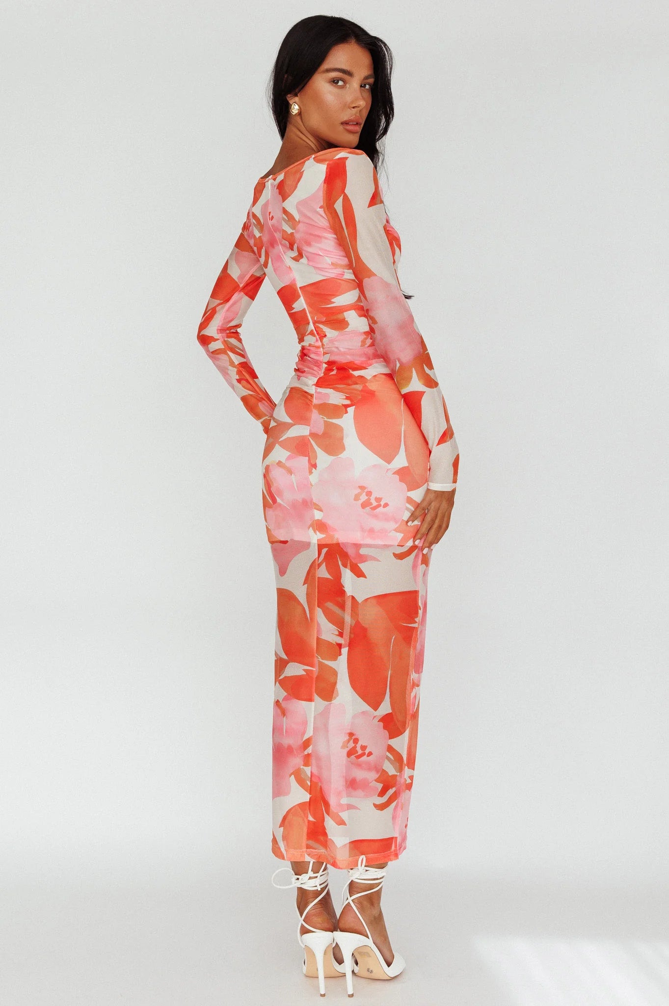 Chardae Long Sleeve Mesh Midi Dress Floral Pink