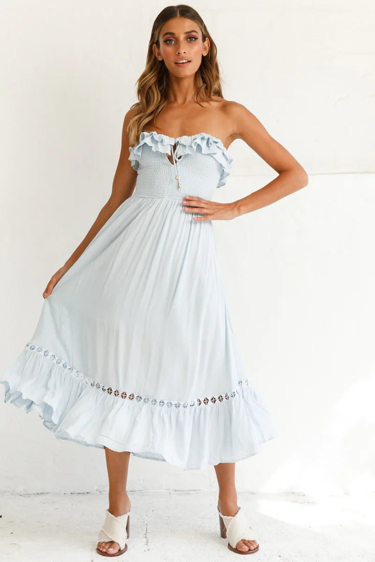 Daydream Shirred Bust Frill Trim Maxi Dress Ice Blue