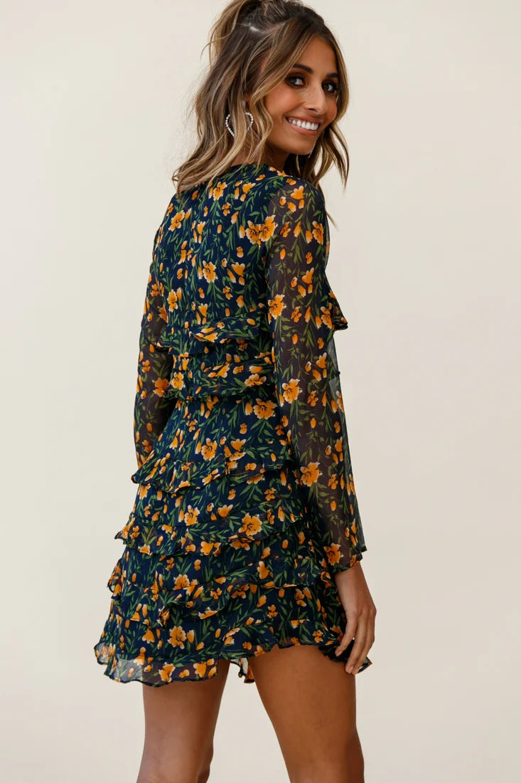 Charmaine Long Sleeve Tiered Frill Dress Floral Print Navy
