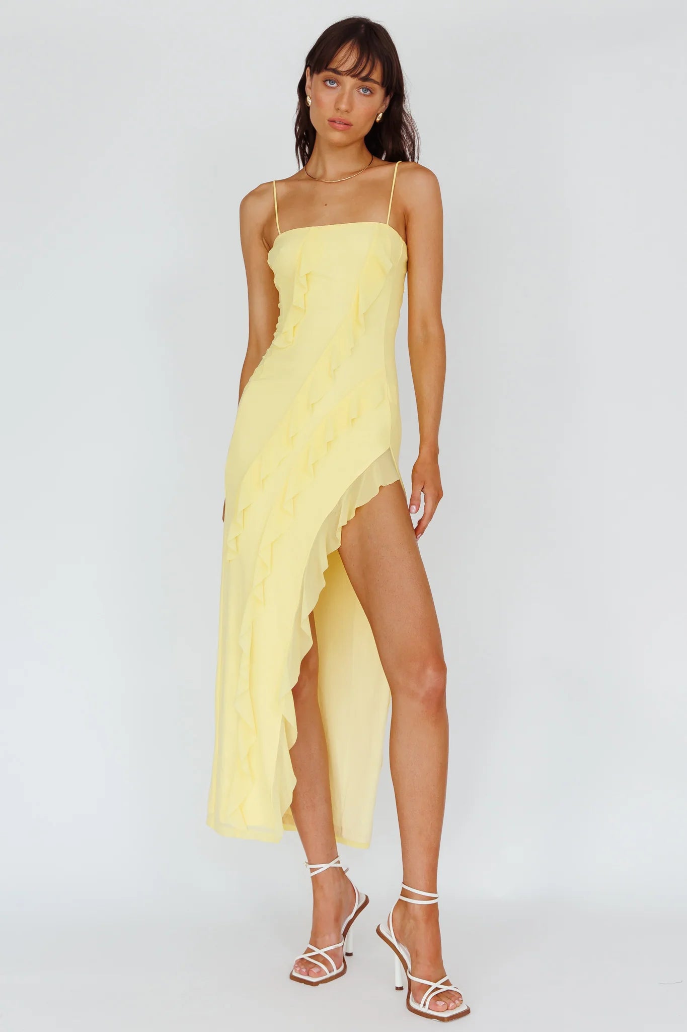 Catriona Split Ruffle Midi Dress Lemon