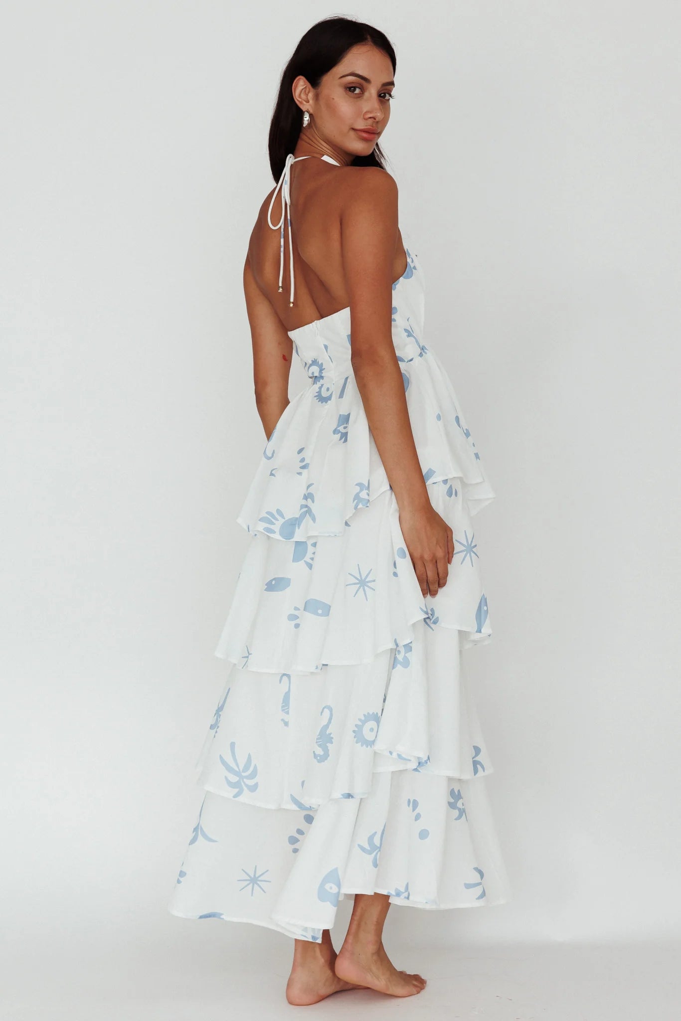Catalina Tiered Ruffle Maxi Dress White Blue
