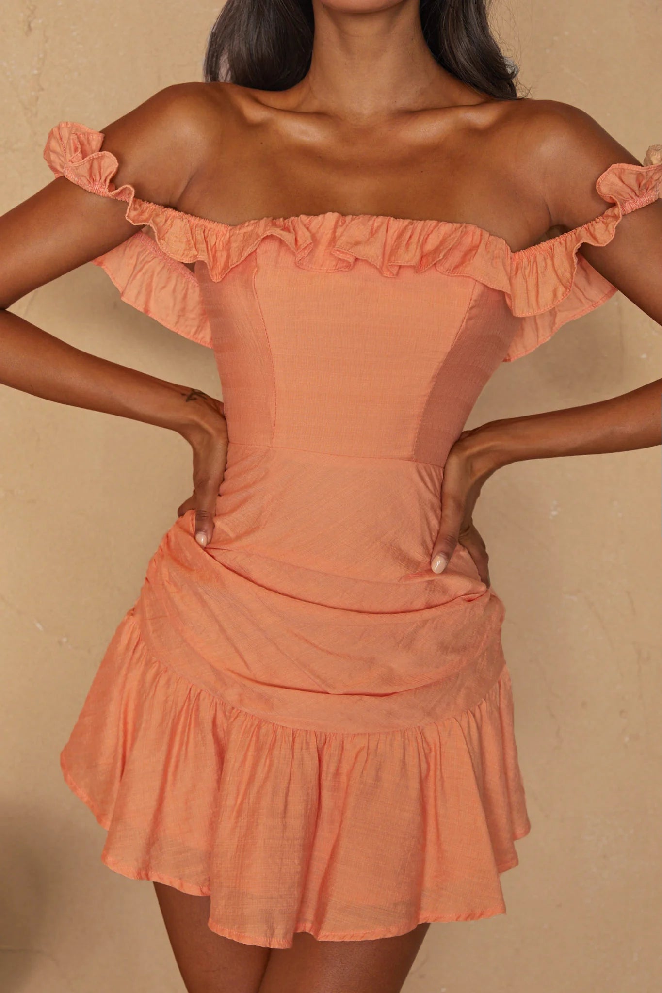 Paradis Off-Shoulder Ruched Bodice Mini Dress Mango