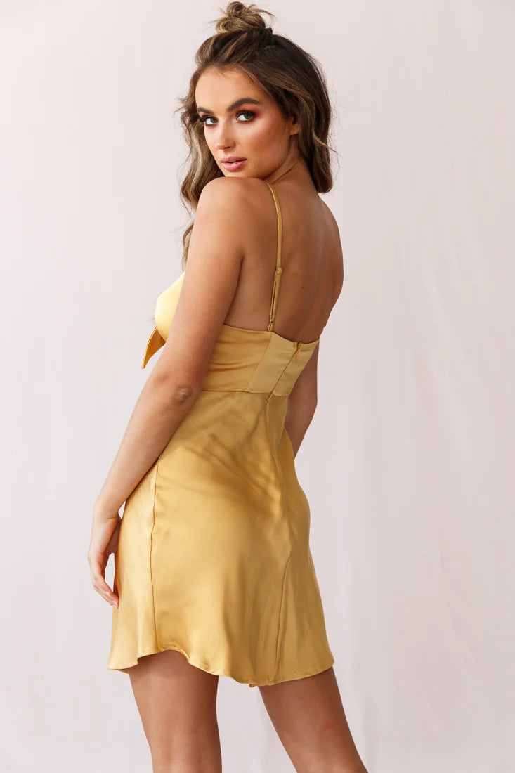 Starry Night Satin Bust-Tie Mini Dress Mustard