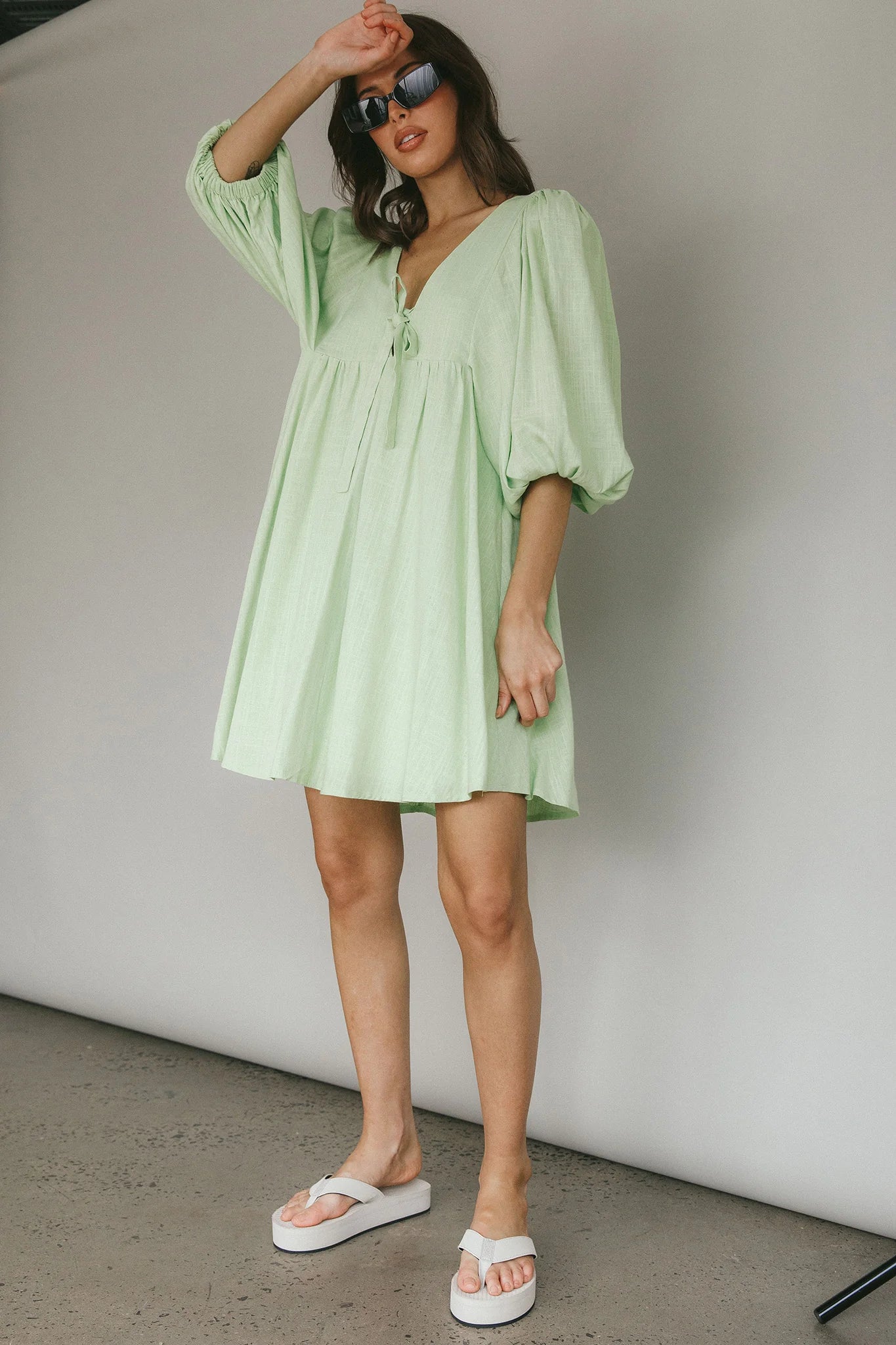 New Haven Puff Sleeve Swing Dress Lime
