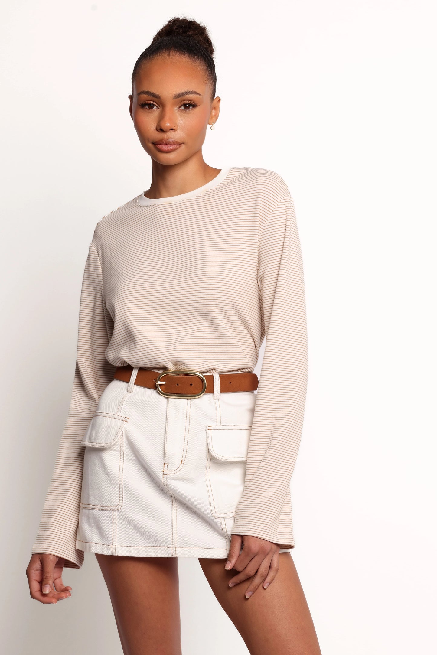 Ruva Long Sleeve Tee - Beige White Stripe