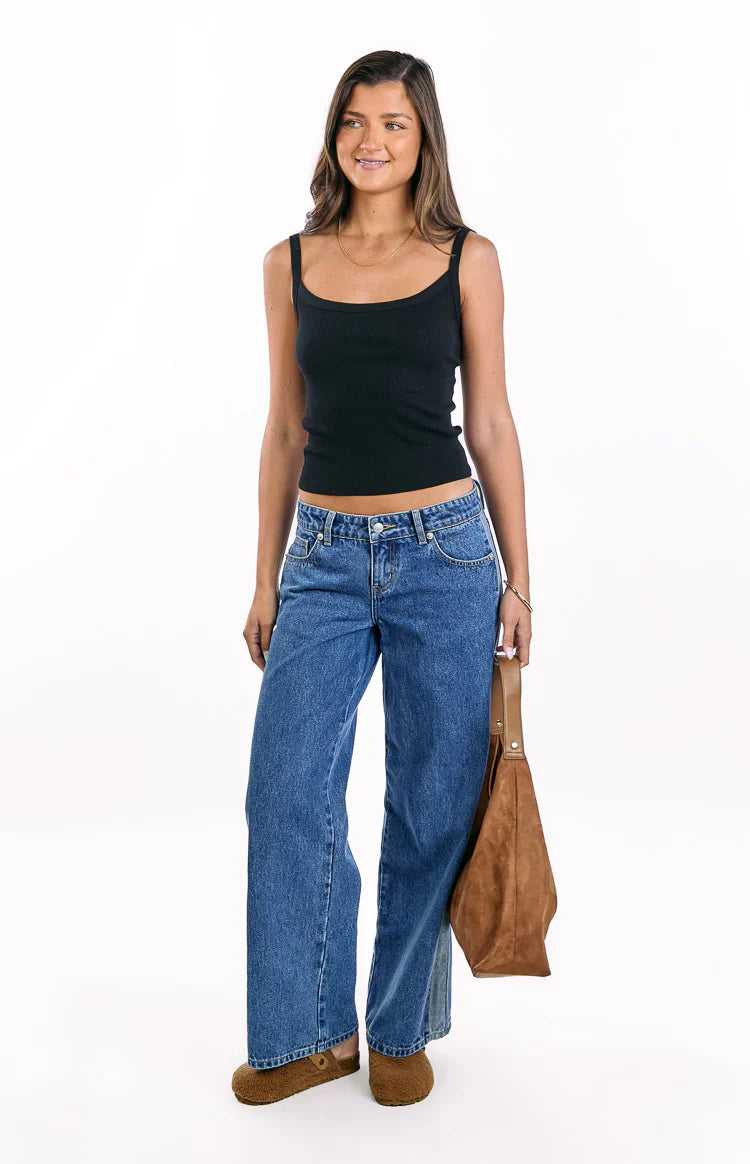 Roonie Contrast Stripe Mid Wash Denim Low Rise Jeans