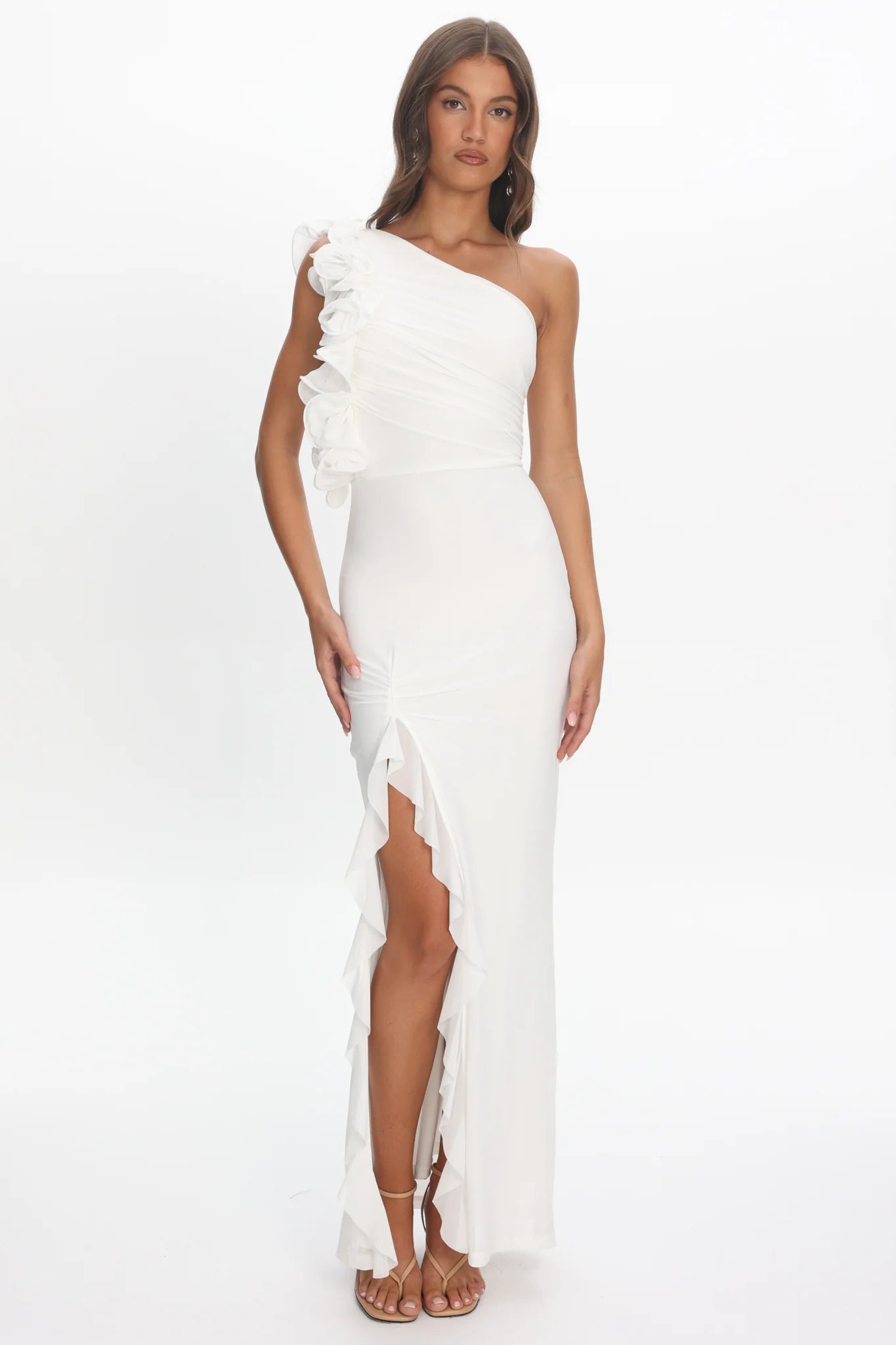 Deanna One-Shoulder Split Ruffle Maxi Dress Off White