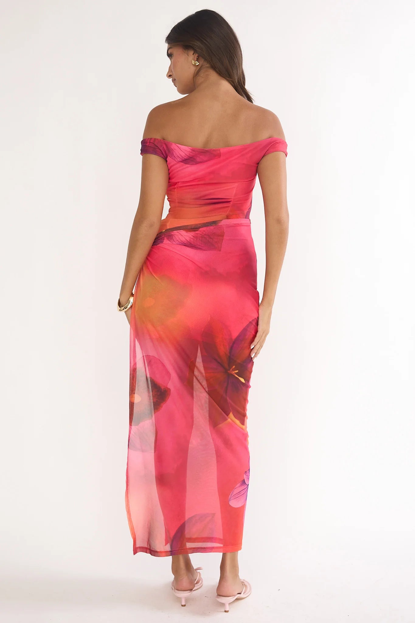 Romie Off-Shoulder Mesh Maxi Dress Print Floral