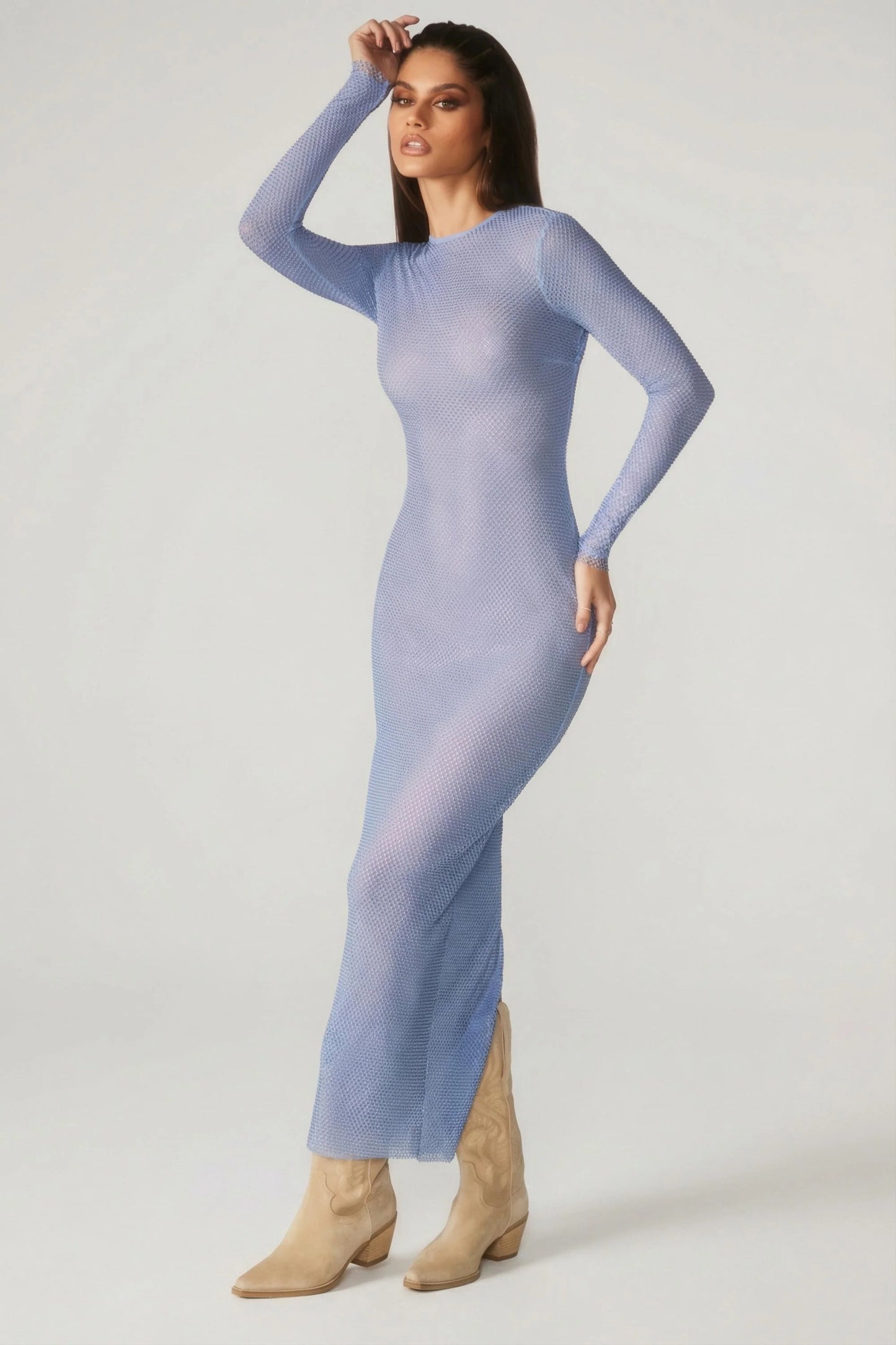 Embellished Long Sleeve Maxi Dress in Blue