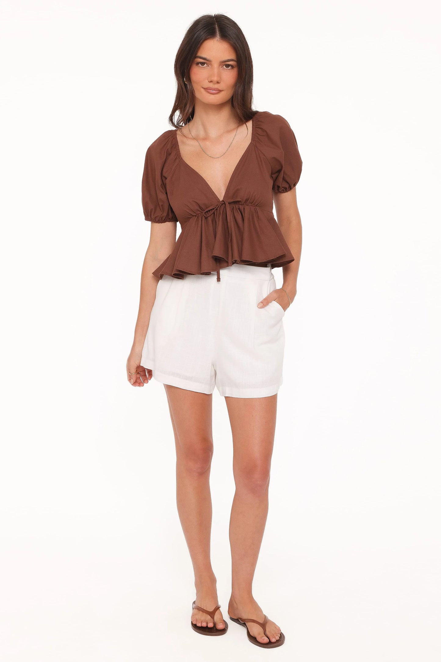 Brienne Tie Front Top - Chocolate