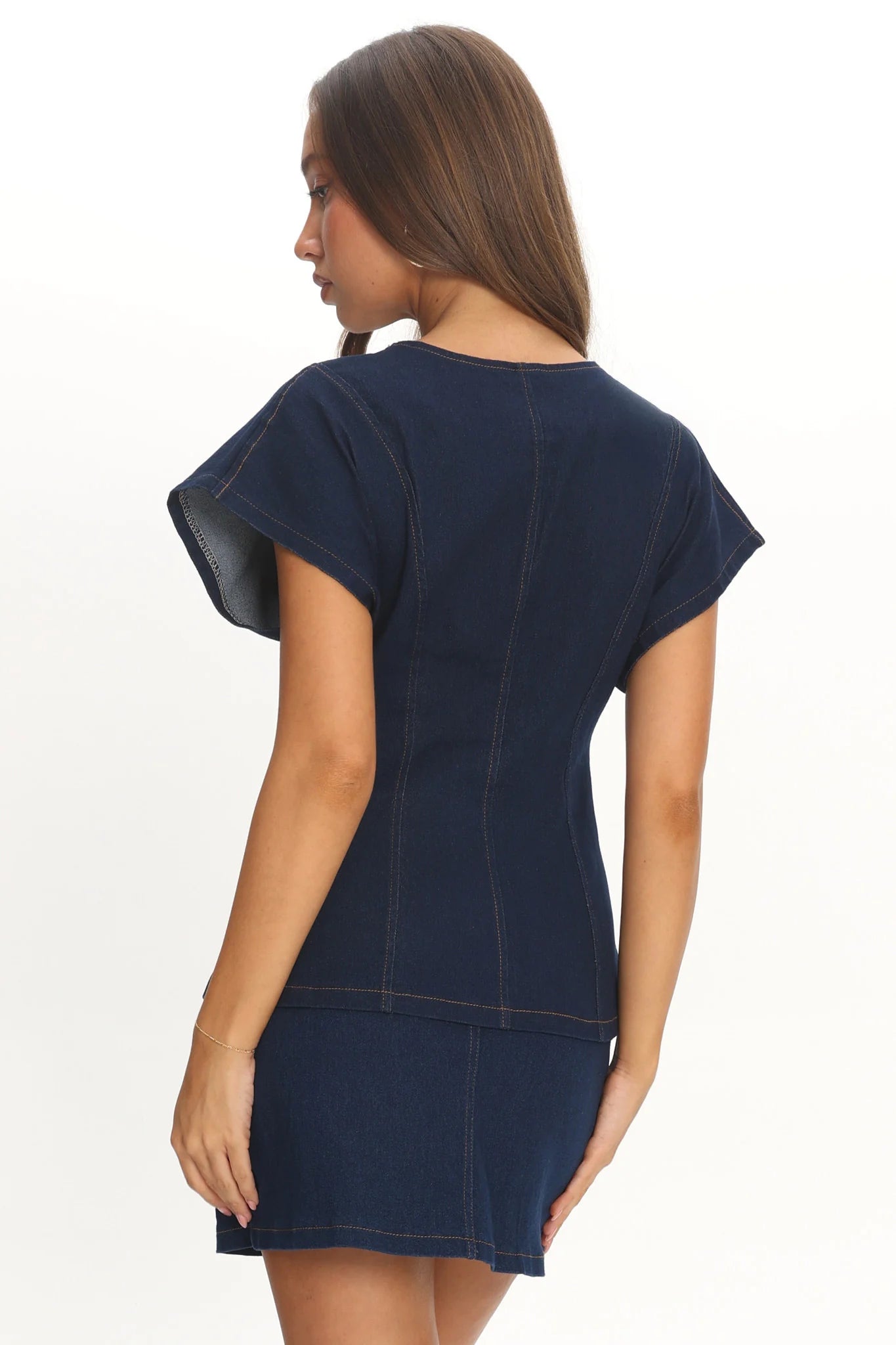 Over It Short Sleeve Button Top Denim