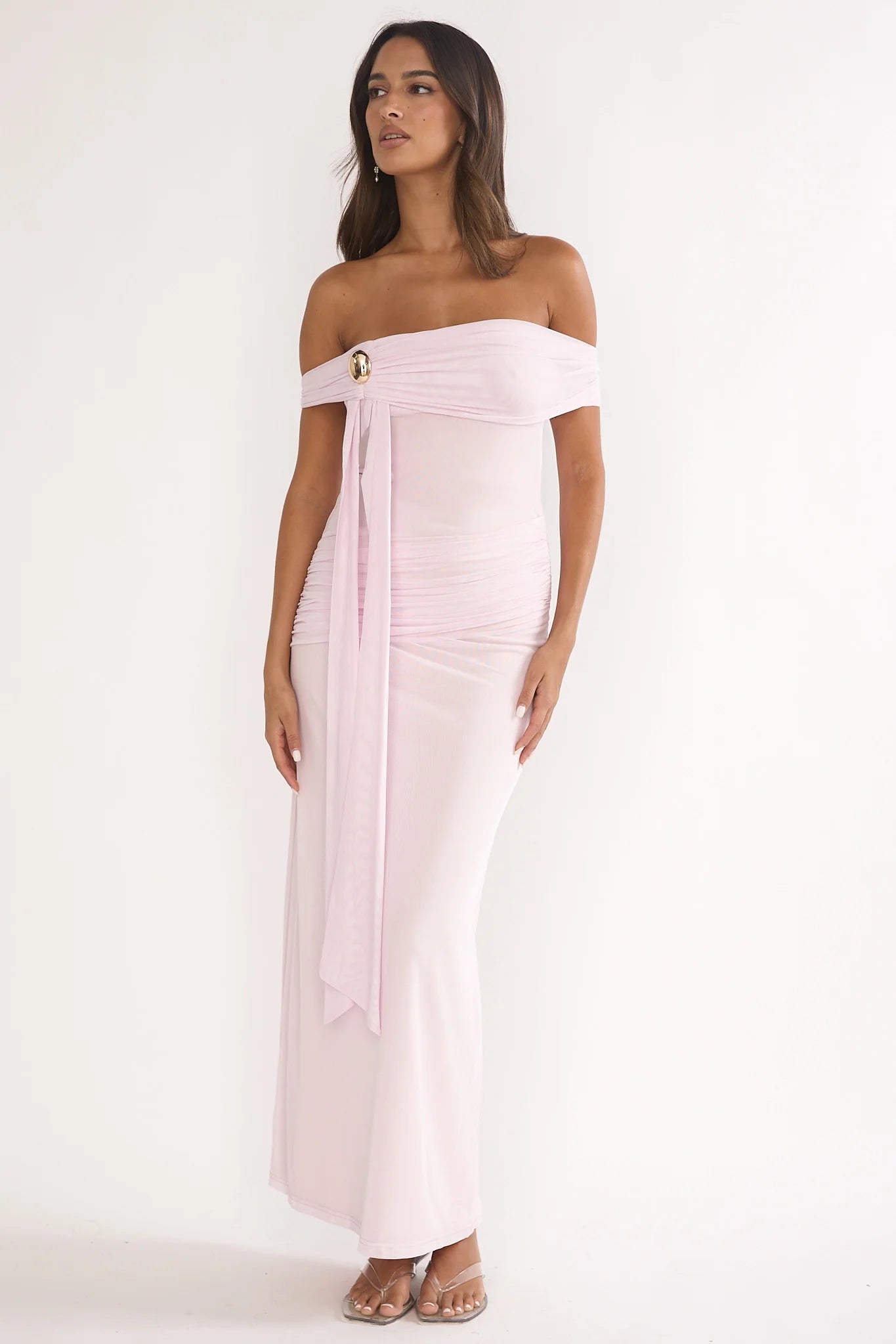 Evanthe Off-Shoulder Sash Maxi Dress Blush
